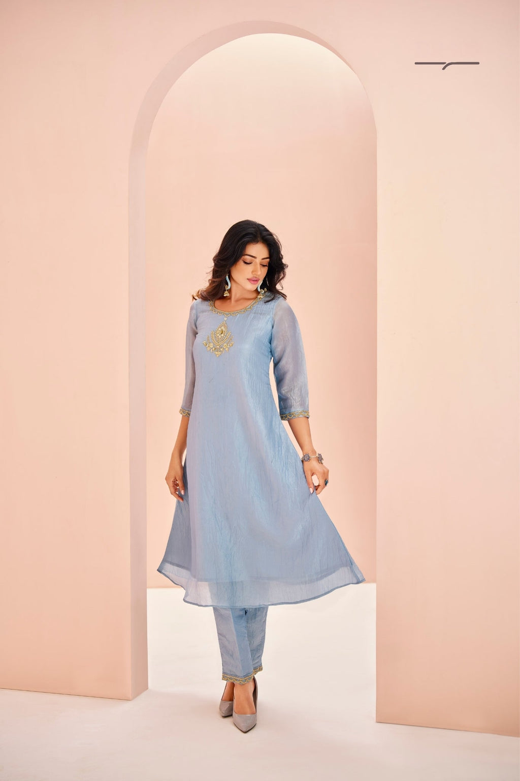 Teal Aura Hand Embroidered Organza Co Ord Set