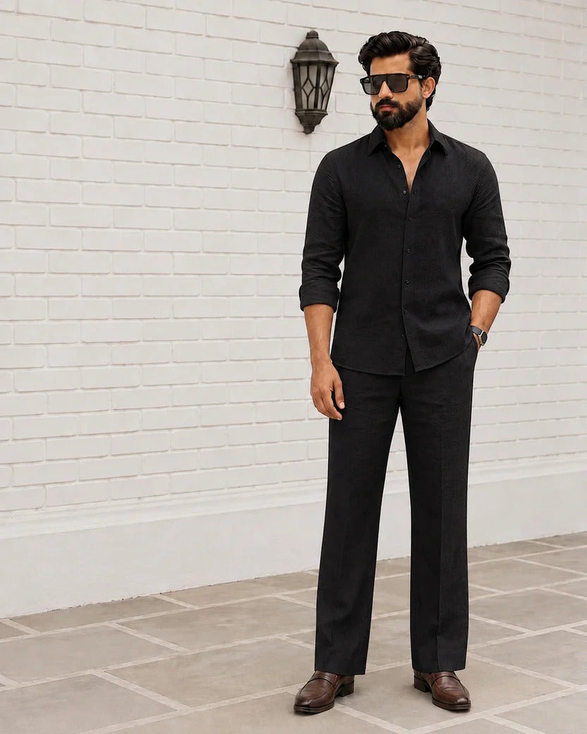 Men's Summer Black Linen Co-Ord Set