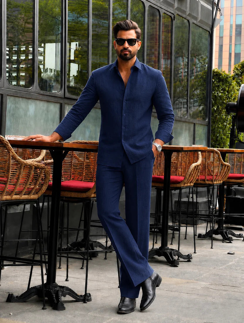 Men's Blue Linen Outfit | Shirt & Pant Set
