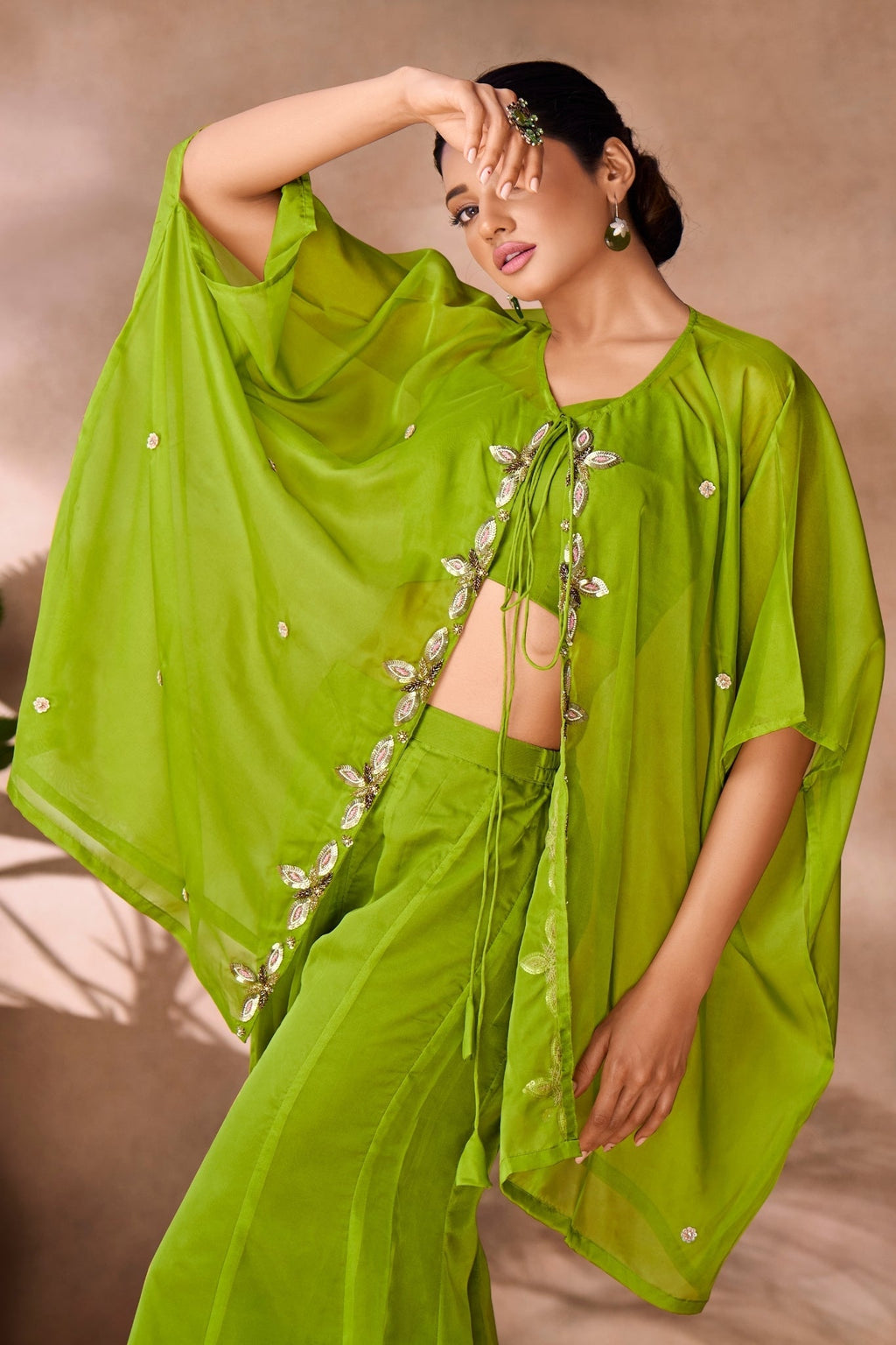 Parrot Green Hand Embellished Organza Designer Co Ord Set