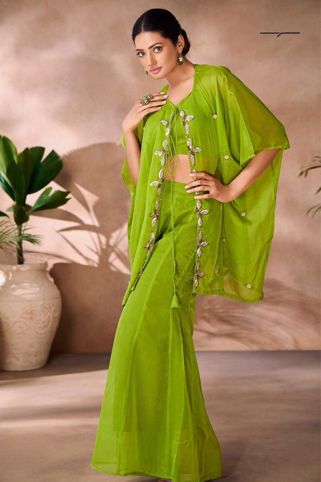 Parrot Green Hand Embellished Organza Designer Co Ord Set