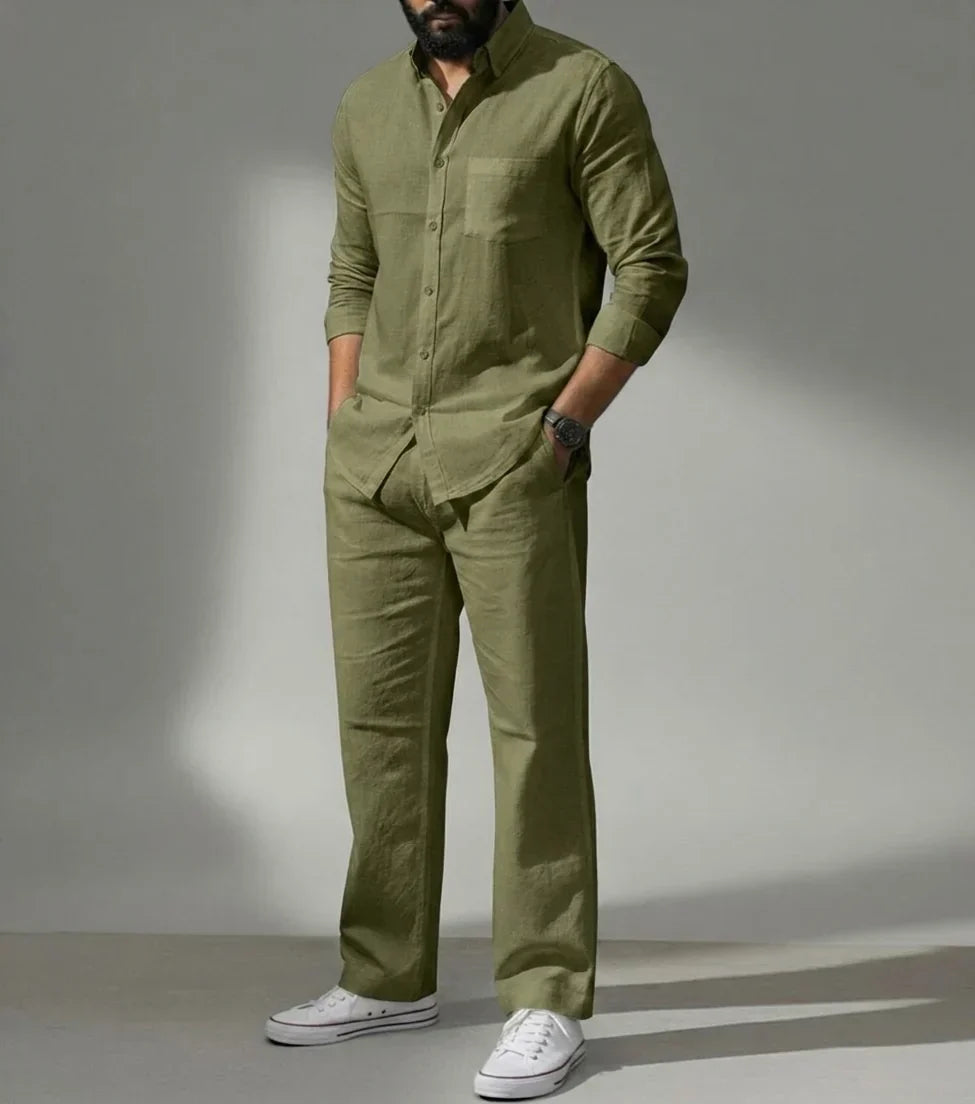 Green Essence Top & Bottom Set Of Linen, Luxury And Style