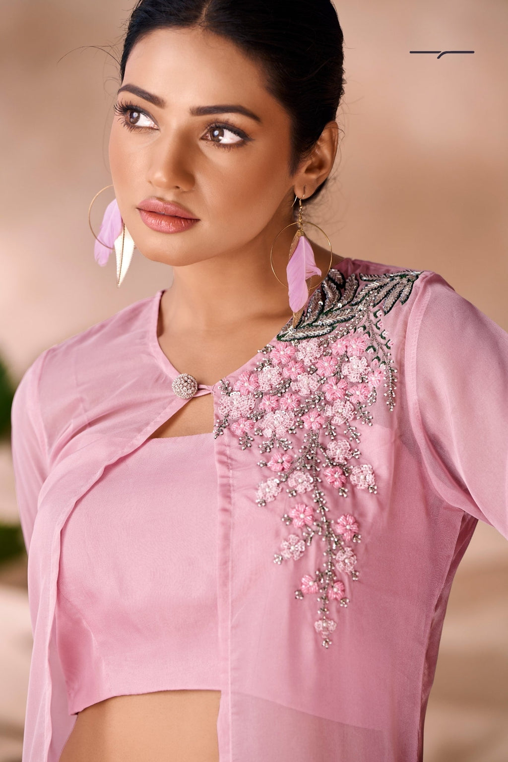 Baby Pink Premium Organza Co Ord Set With Handcrafted Floral Embellishments