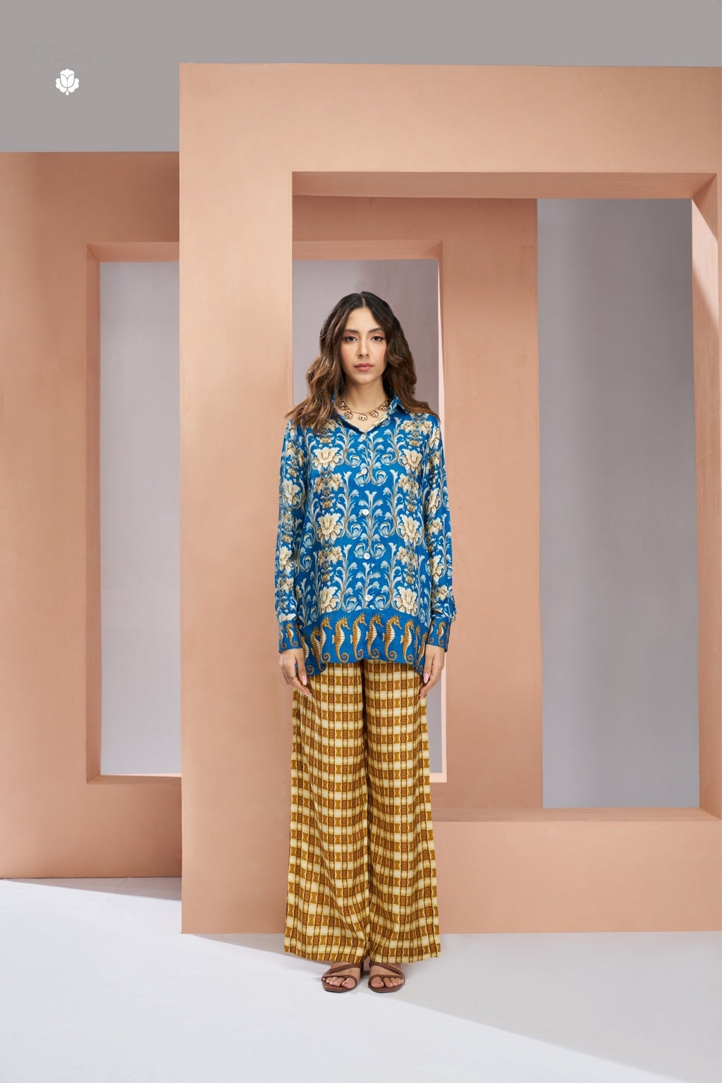 Royal Blue Floral Designer Pure Muslin Silk Co Ord Set