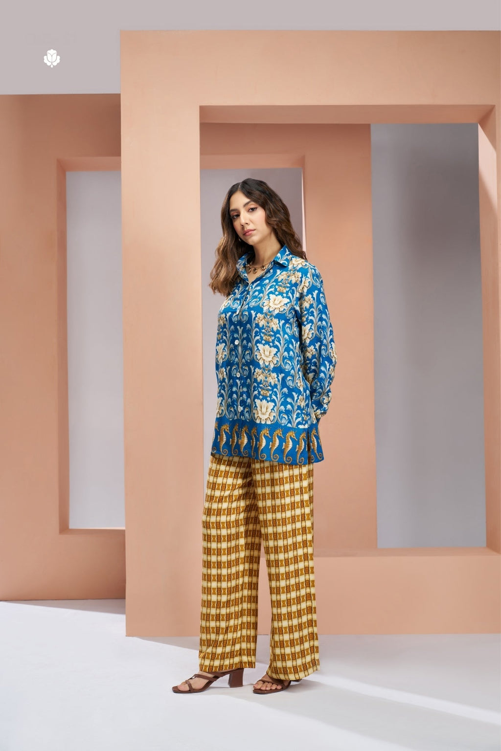 Royal Blue Floral Designer Pure Muslin Silk Co Ord Set