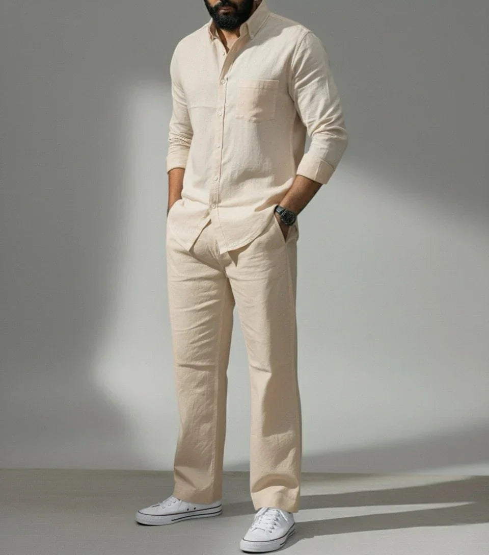 Beige Essence Top & Bottom Set Of Linen, Luxury And Style