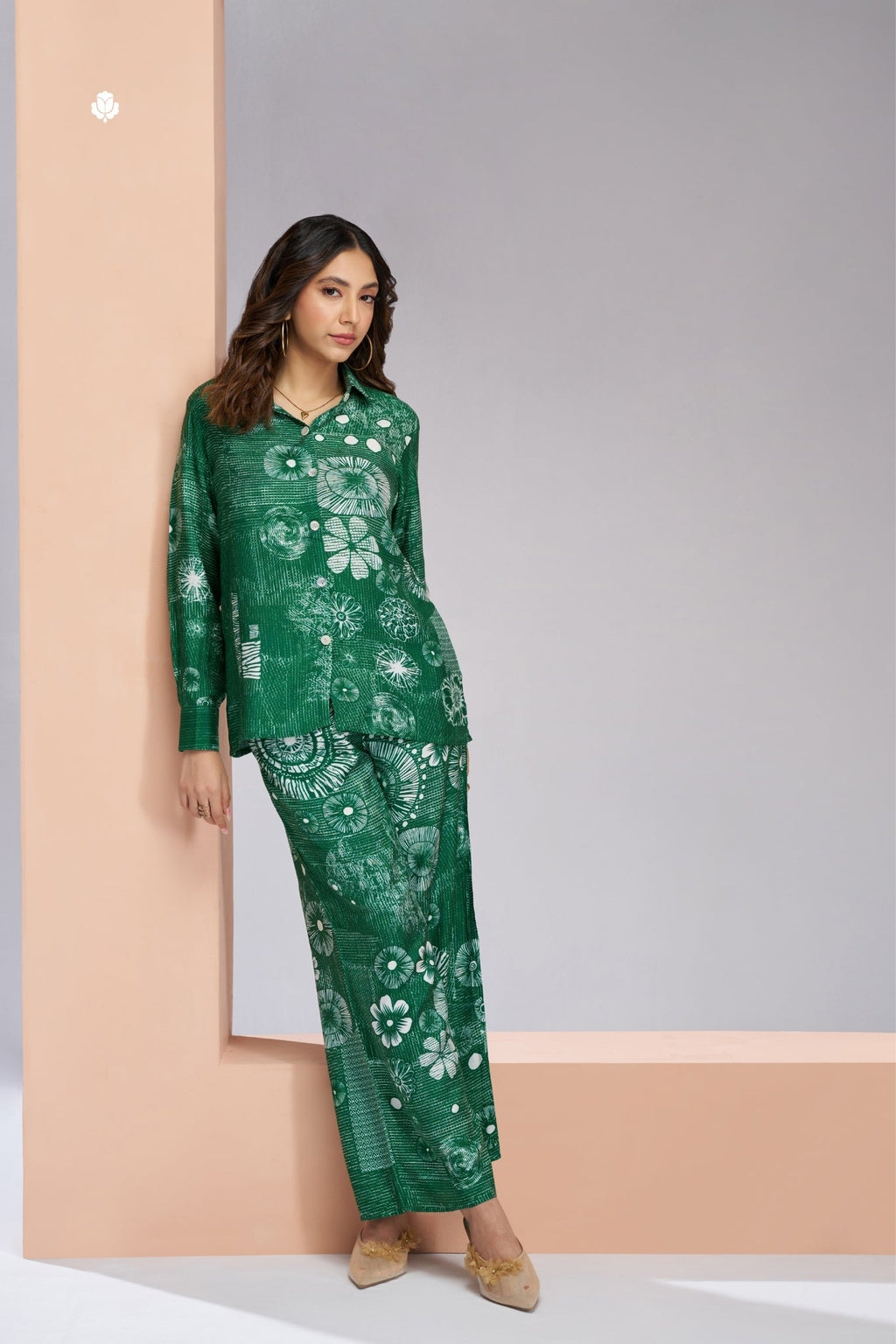 Dark Green Designer Pure Muslin Silk Floral Co Ord Set