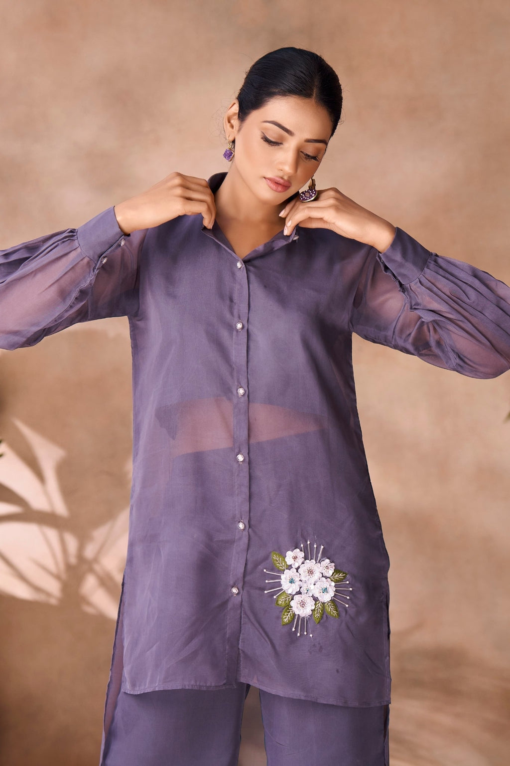Ethereal Grey Floral Organza Ensemble Co Ord Set