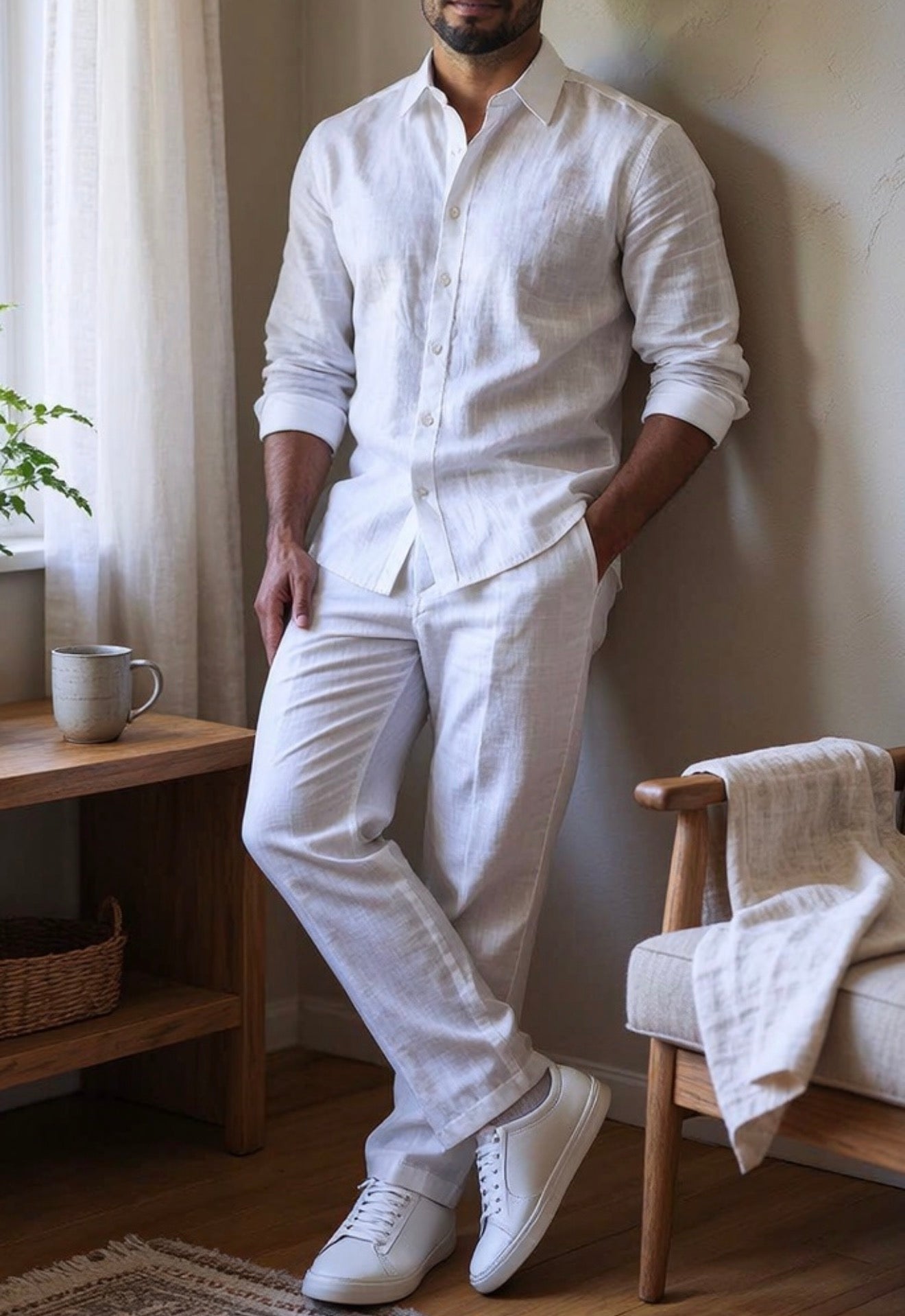 White Supreme Linen Top & Bottom Set