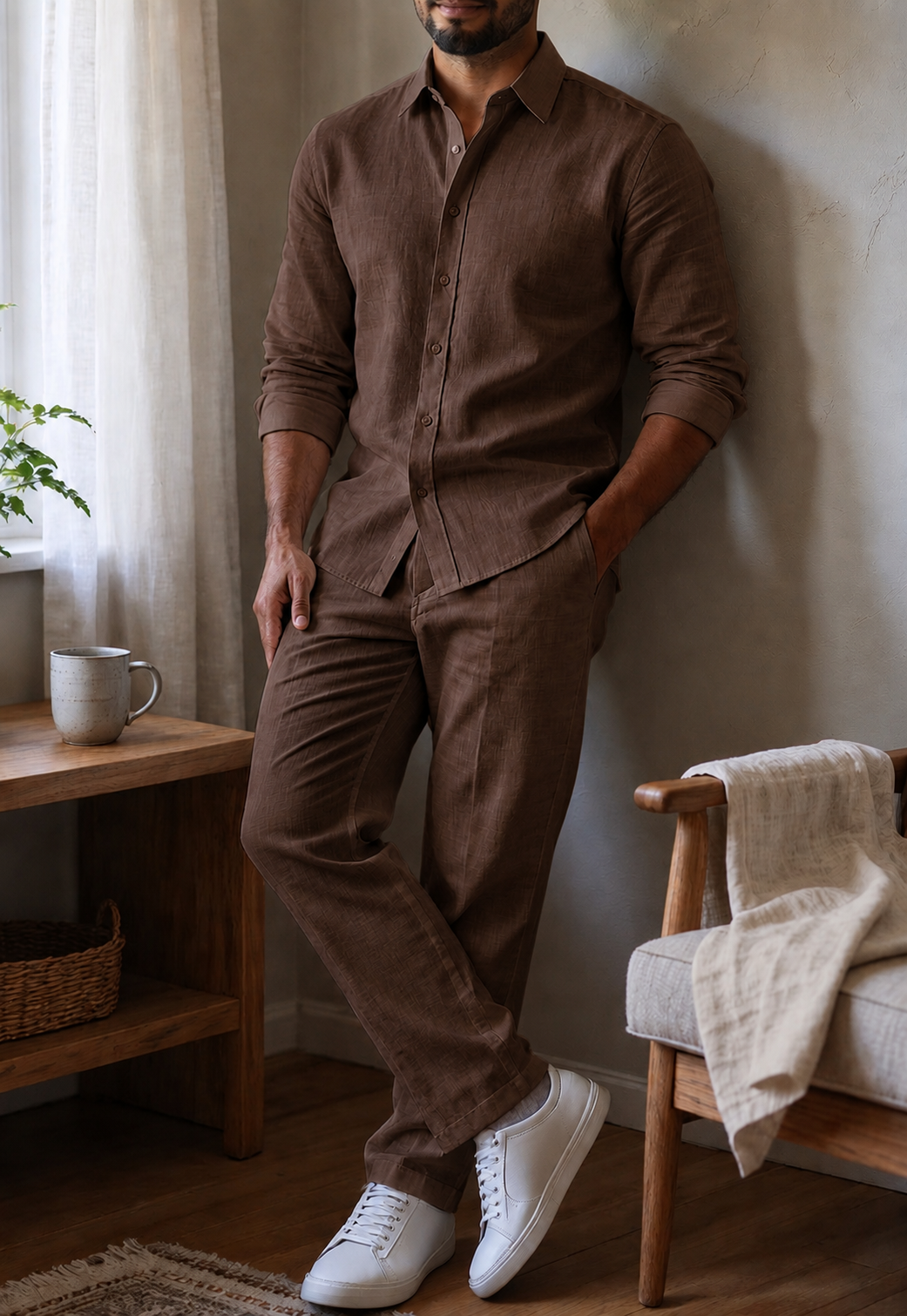 Brown Supreme Linen Top & Bottom Set