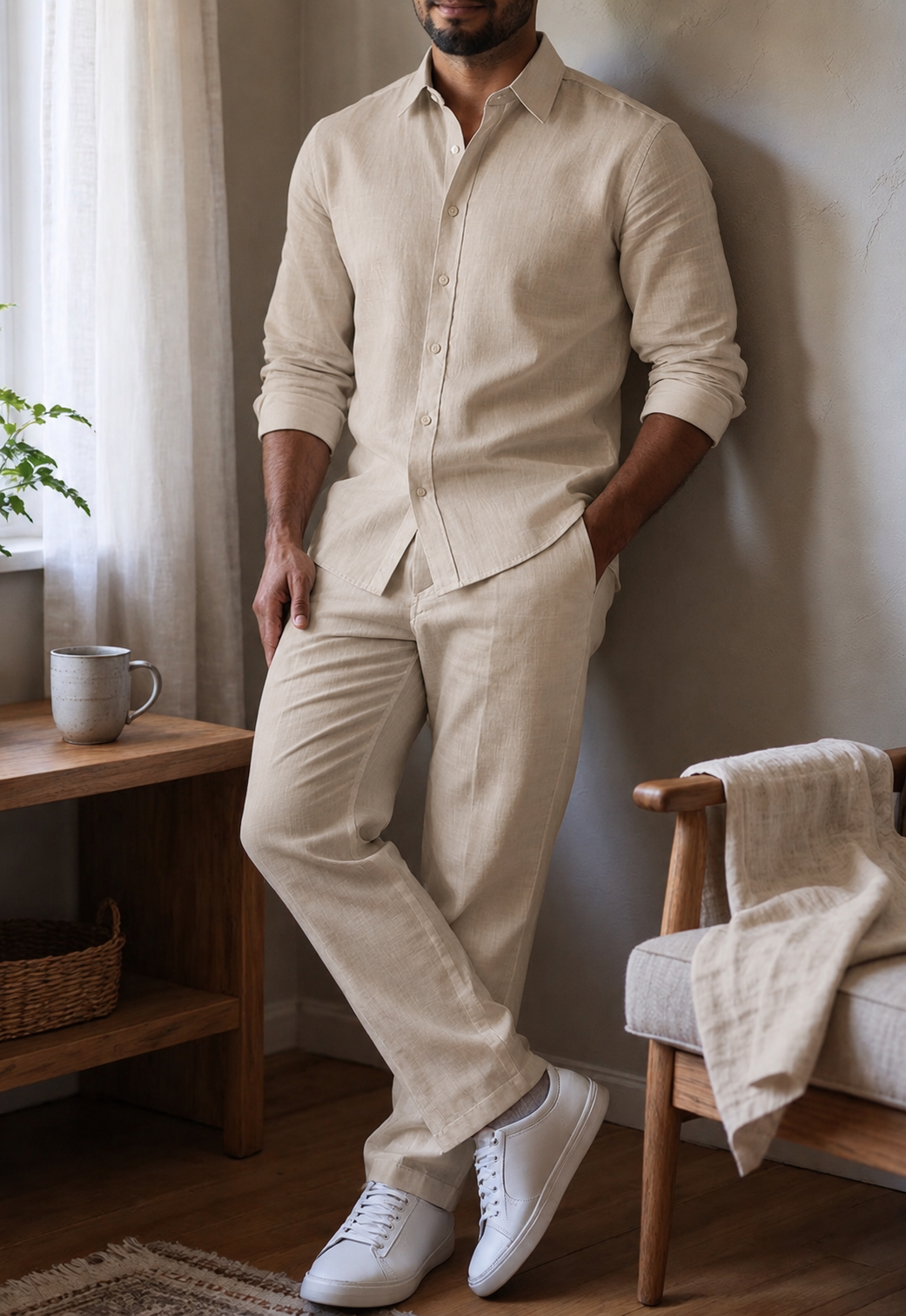 Beige Supreme Linen Top & Bottom Set