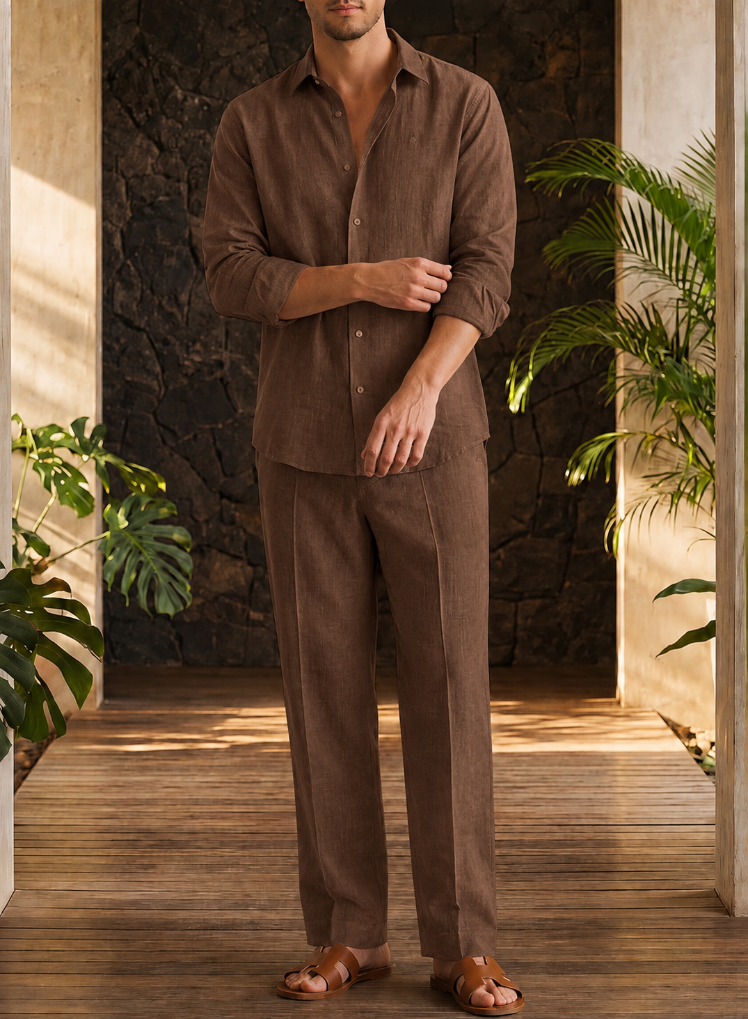 Brown Aura Top & Bottom Set Of Linen, Luxury And Style