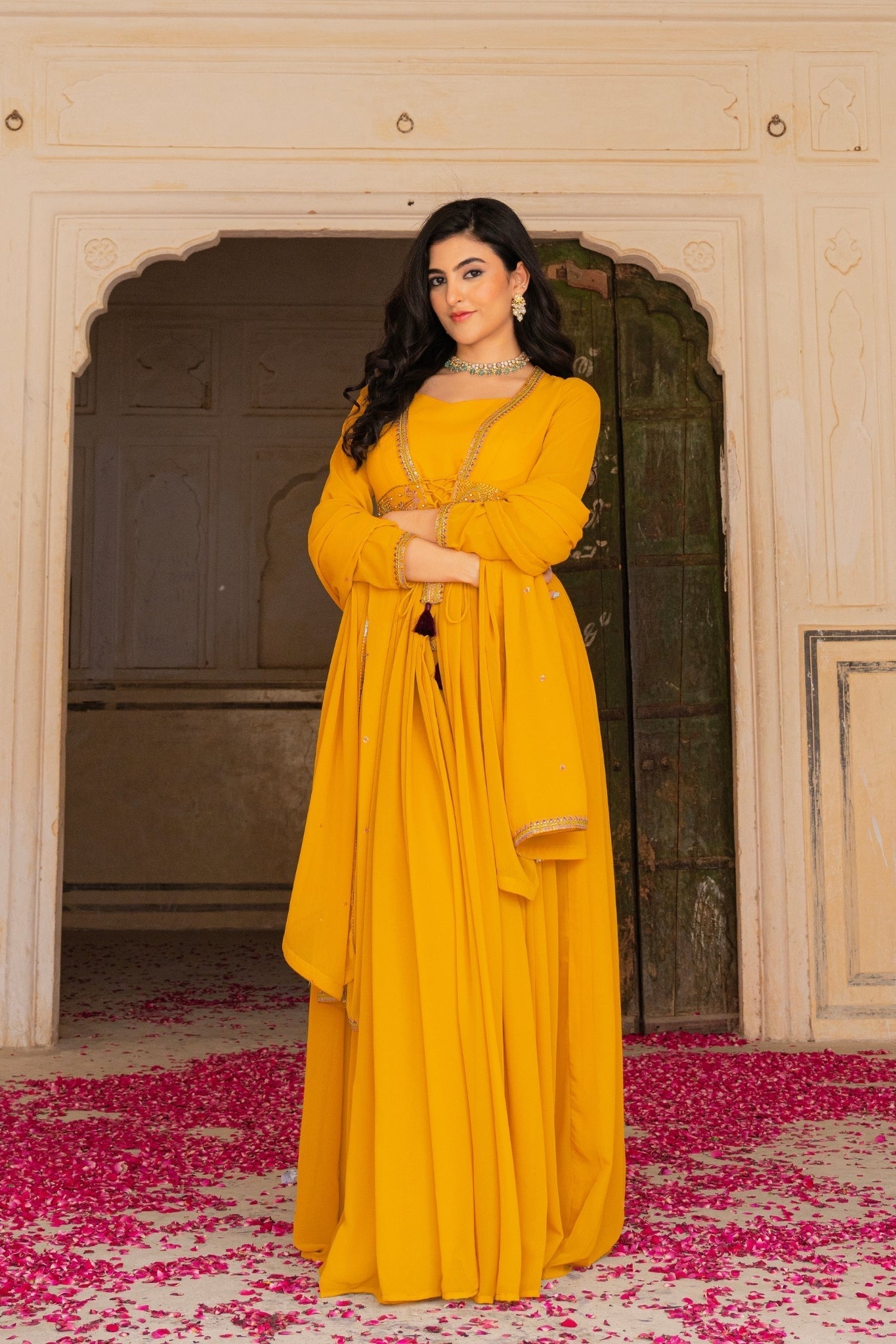 Regal Mustard Georgette Anarkali Adorned With Intricate Embroidery