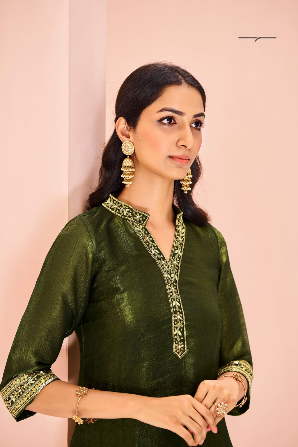 Olive Luxe Organza Hand Embroidered Co Ord Set