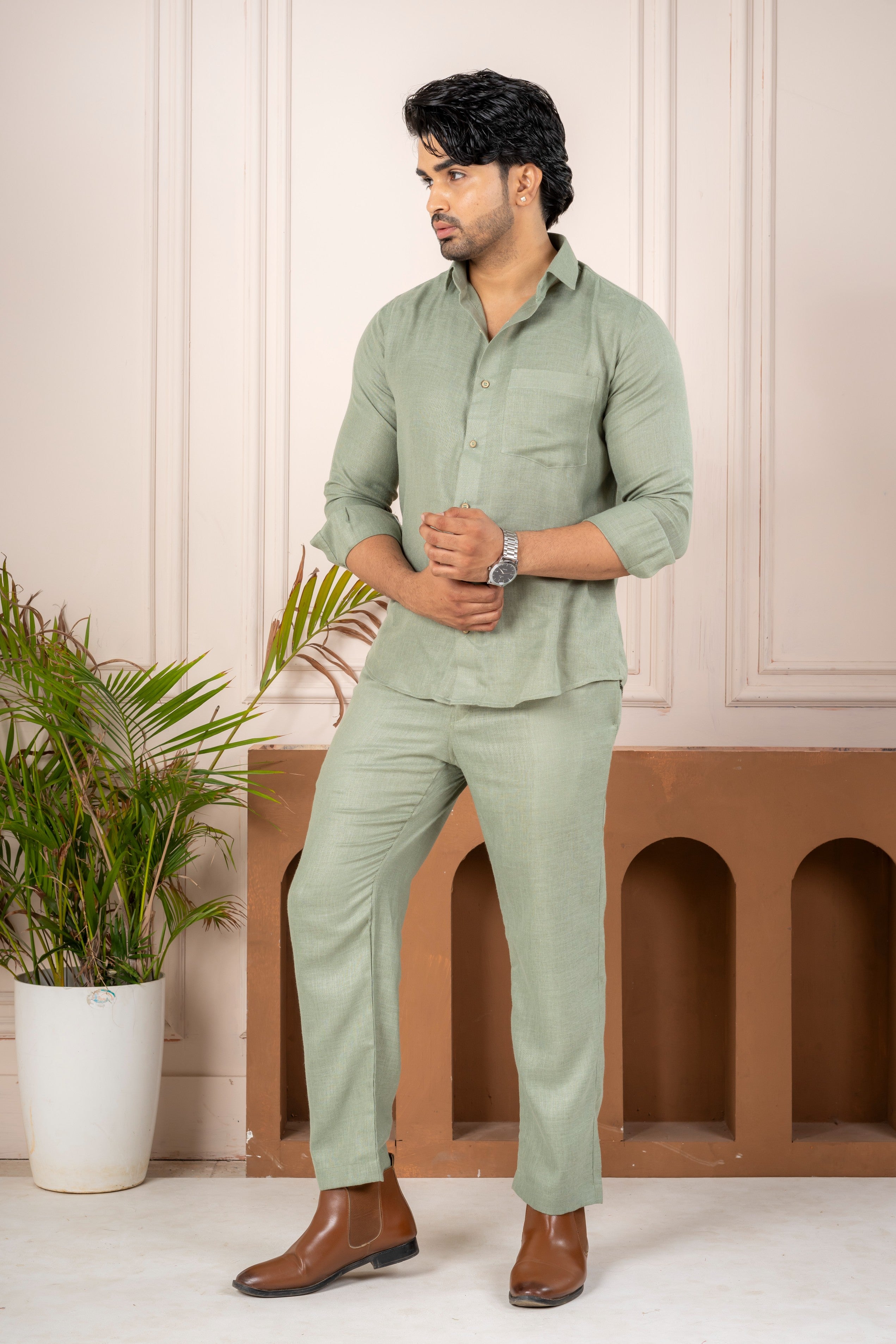 Men's Green Linen Co-Ord Set | Premium Casual Shirt & Pant Outfit