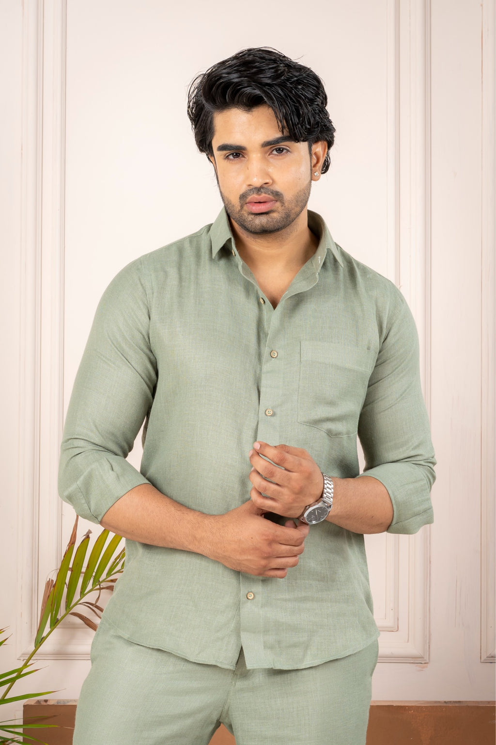 Men's Green Linen Co-Ord Set | Premium Casual Shirt & Pant Outfit