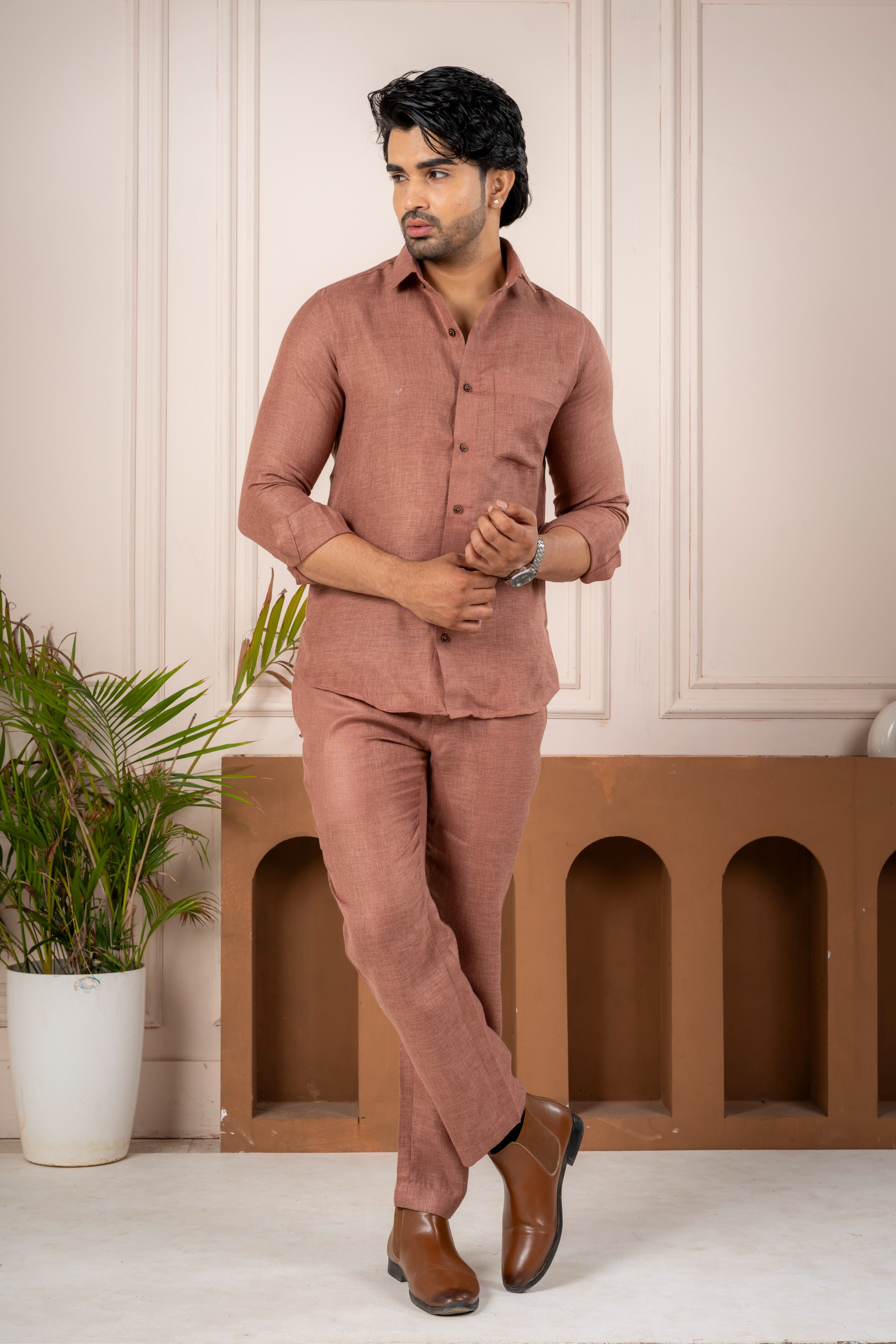 Men's Brown Linen Co-Ord Set | Premium Casual Shirt & Pant Outfit