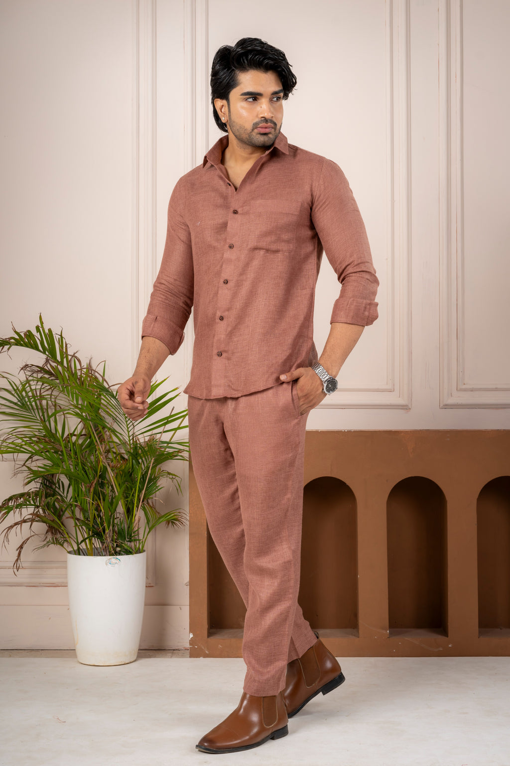 Men's Brown Linen Co-Ord Set | Premium Casual Shirt & Pant Outfit