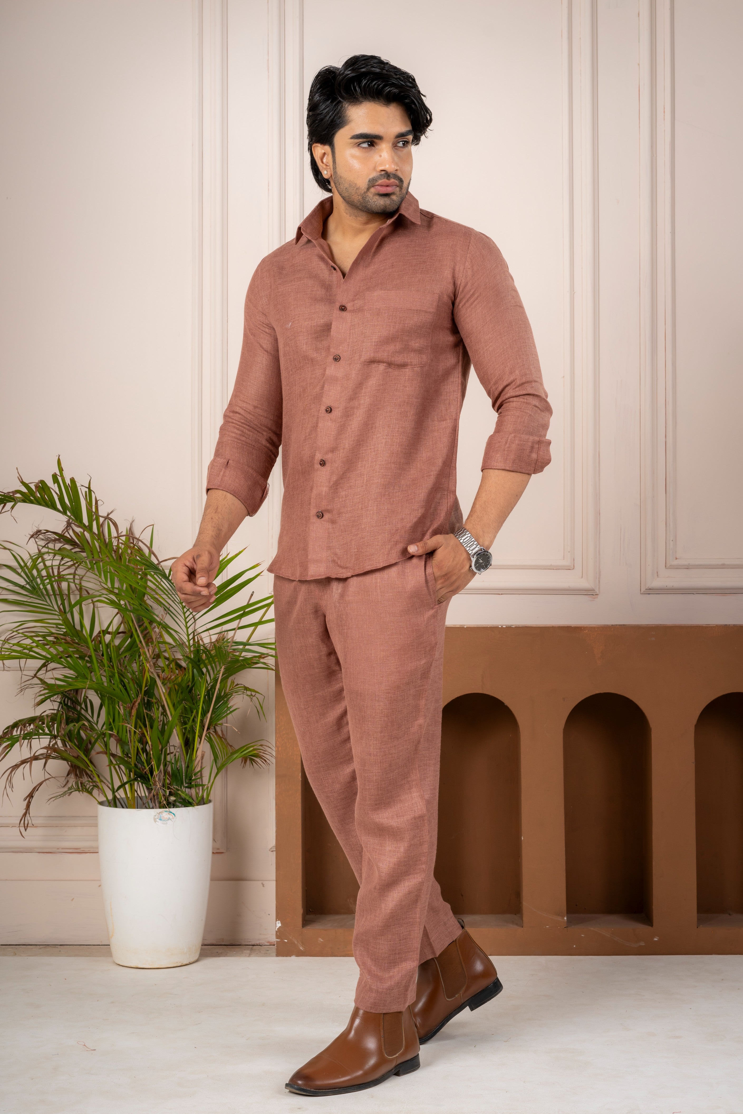 Men's Brown Linen Co-Ord Set | Premium Casual Shirt & Pant Outfit