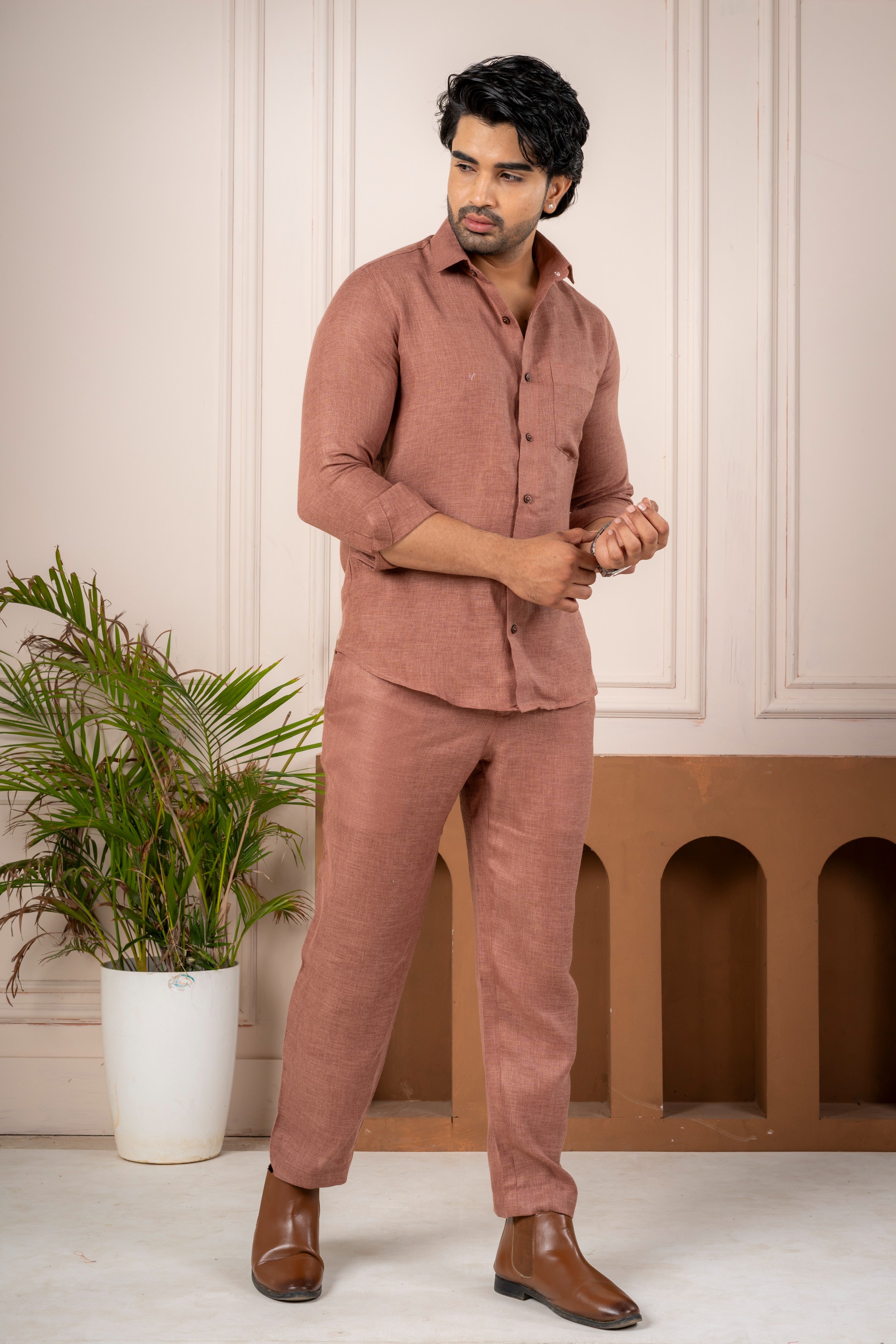 Men's Brown Linen Co-Ord Set | Premium Casual Shirt & Pant Outfit