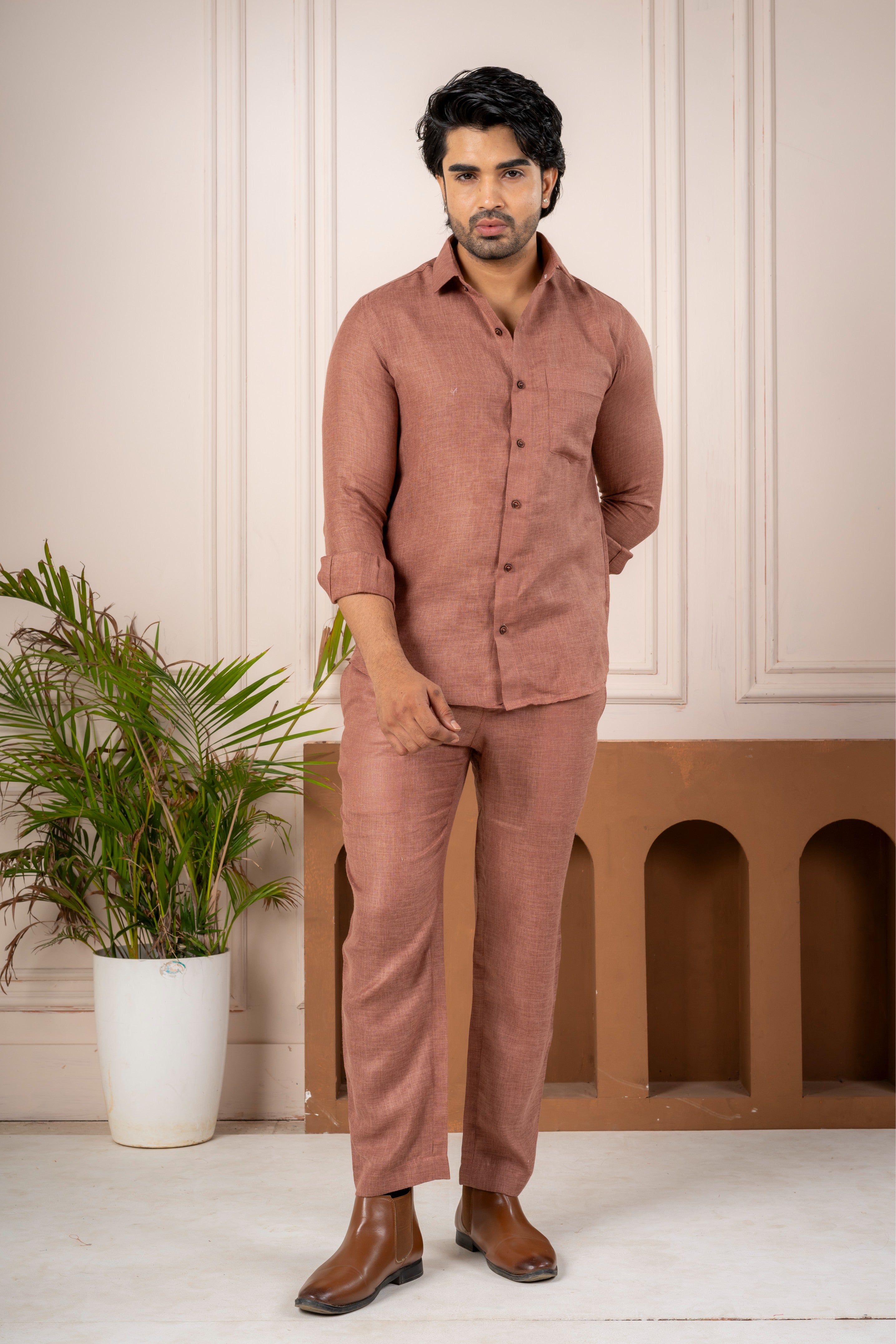 Men's Brown Linen Co-Ord Set | Premium Casual Shirt & Pant Outfit