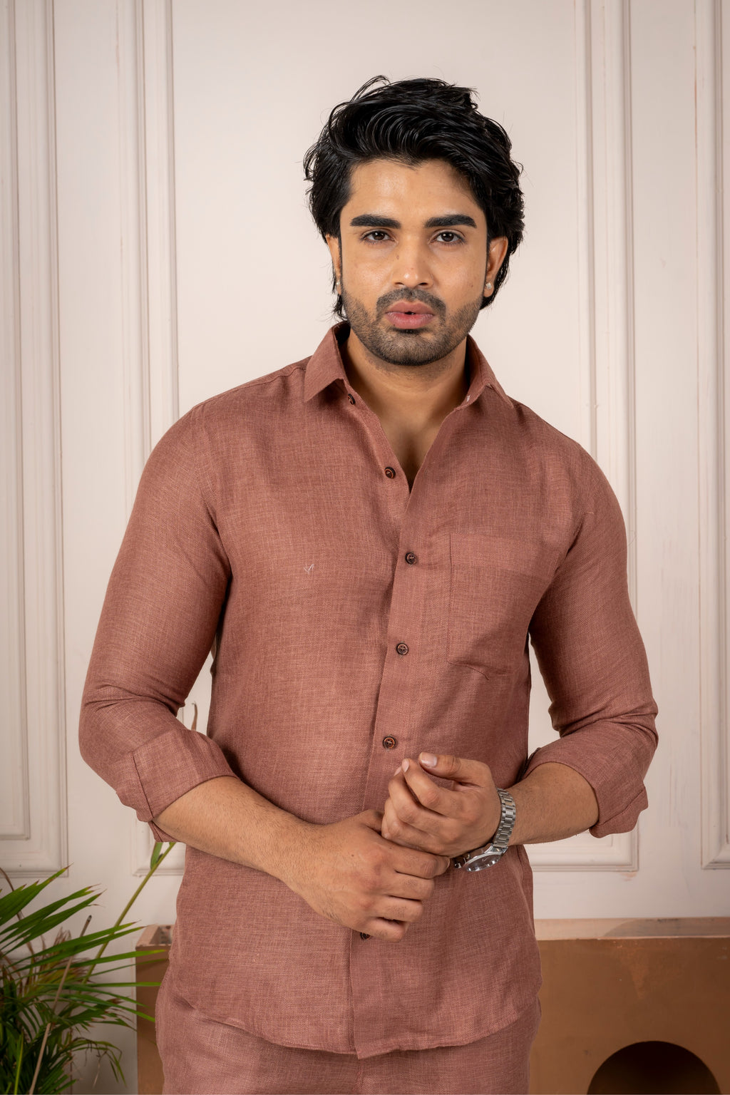 Men's Brown Linen Co-Ord Set | Premium Casual Shirt & Pant Outfit