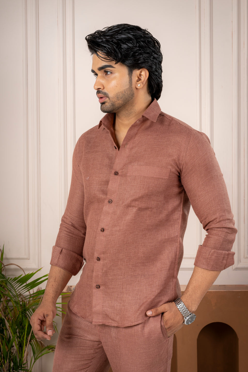 Men's Brown Linen Co-Ord Set | Premium Casual Shirt & Pant Outfit