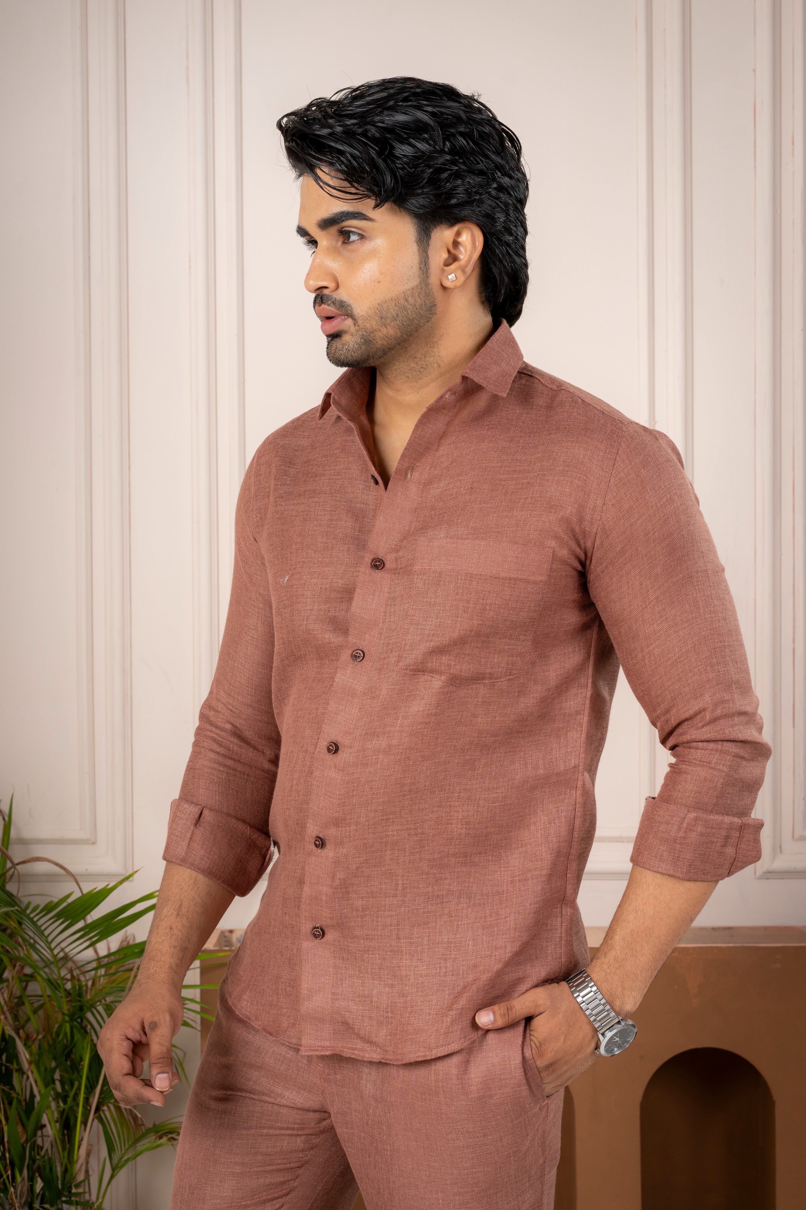 Men's Brown Linen Co-Ord Set | Premium Casual Shirt & Pant Outfit