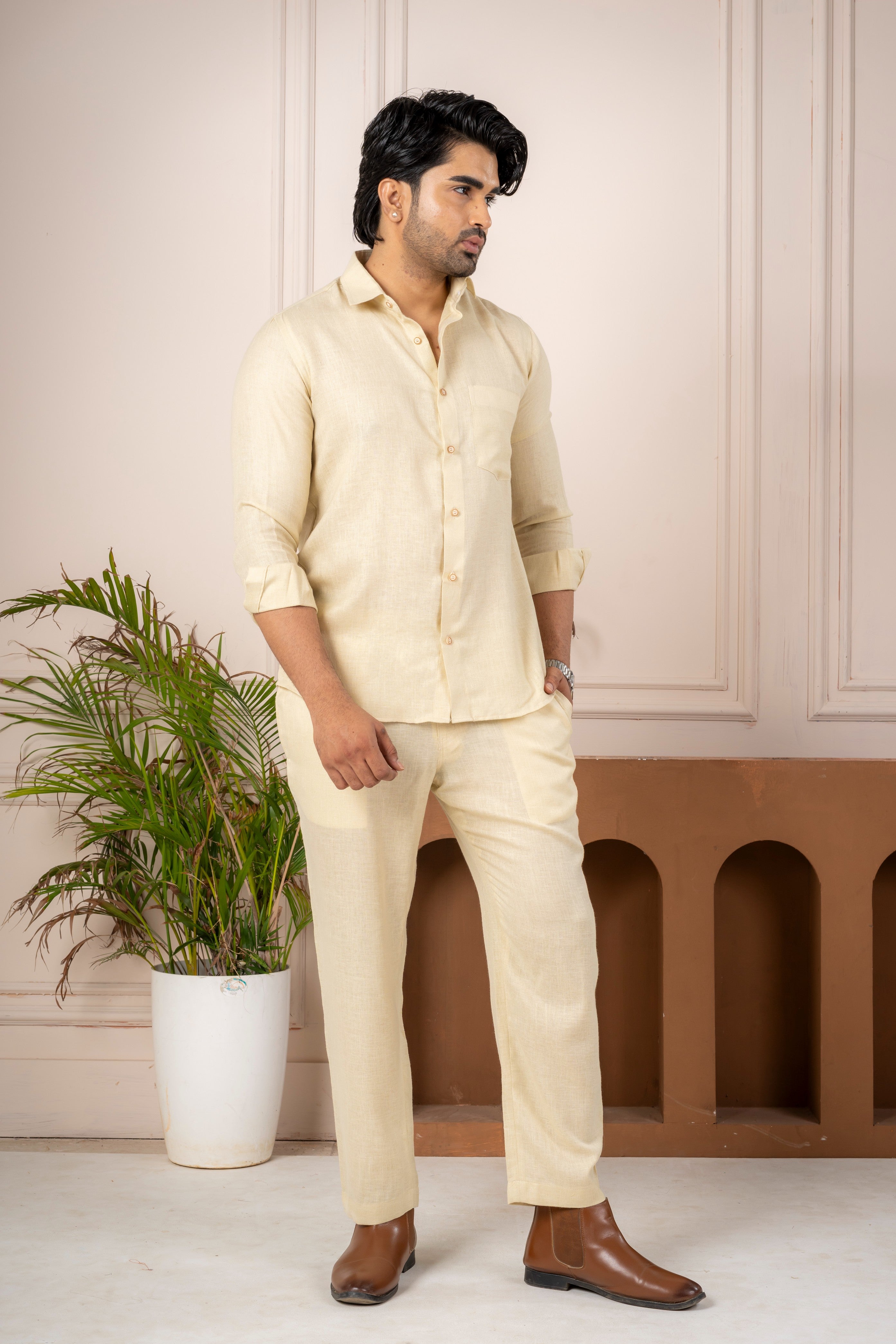 Men's Beige Linen Co-Ord Set | Premium Casual Shirt & Pant Outfit
