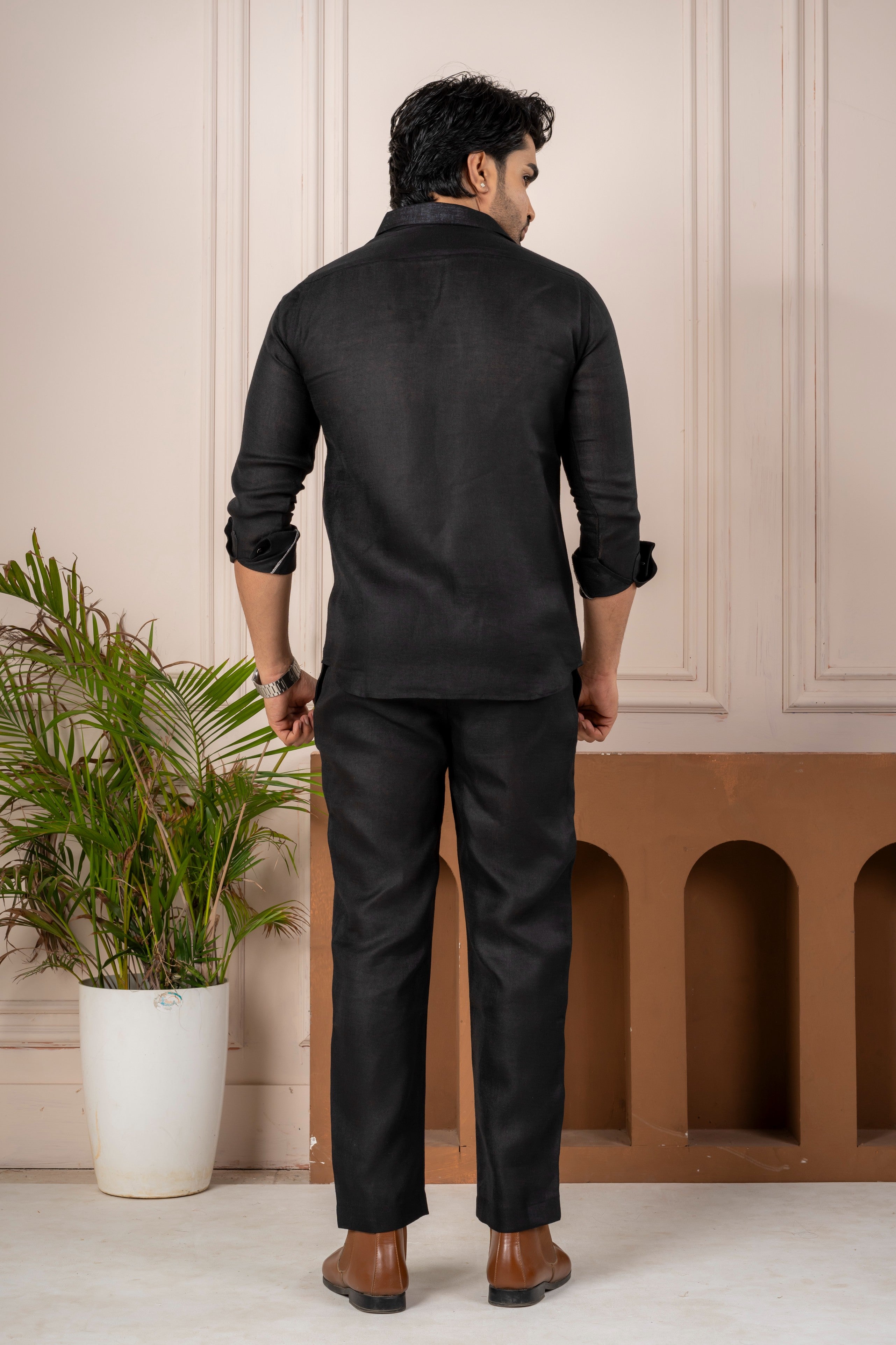 Men's Black Linen Co-Ord Set | Premium Casual Shirt & Pant Outfit
