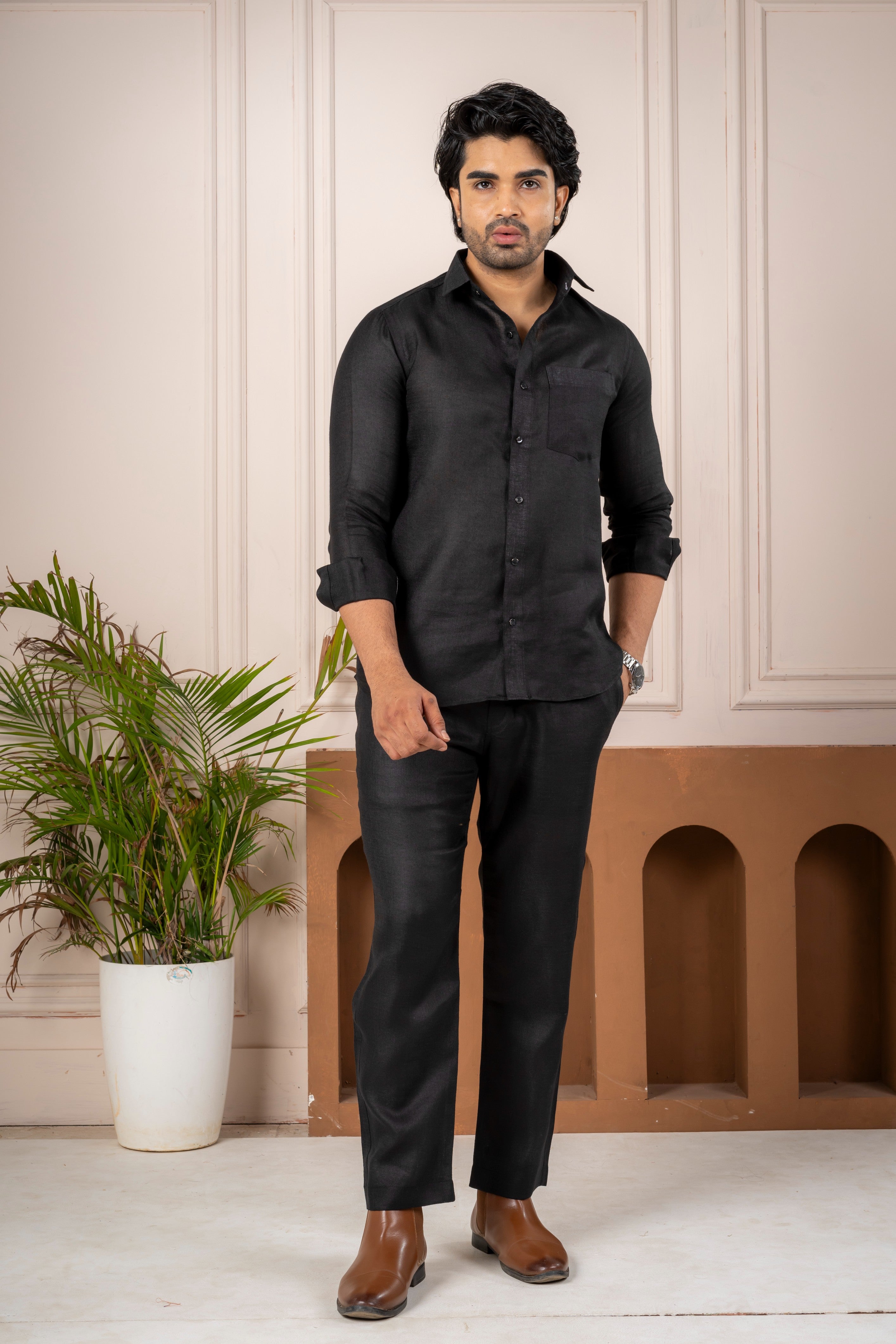 Men's Black Linen Co-Ord Set | Premium Casual Shirt & Pant Outfit