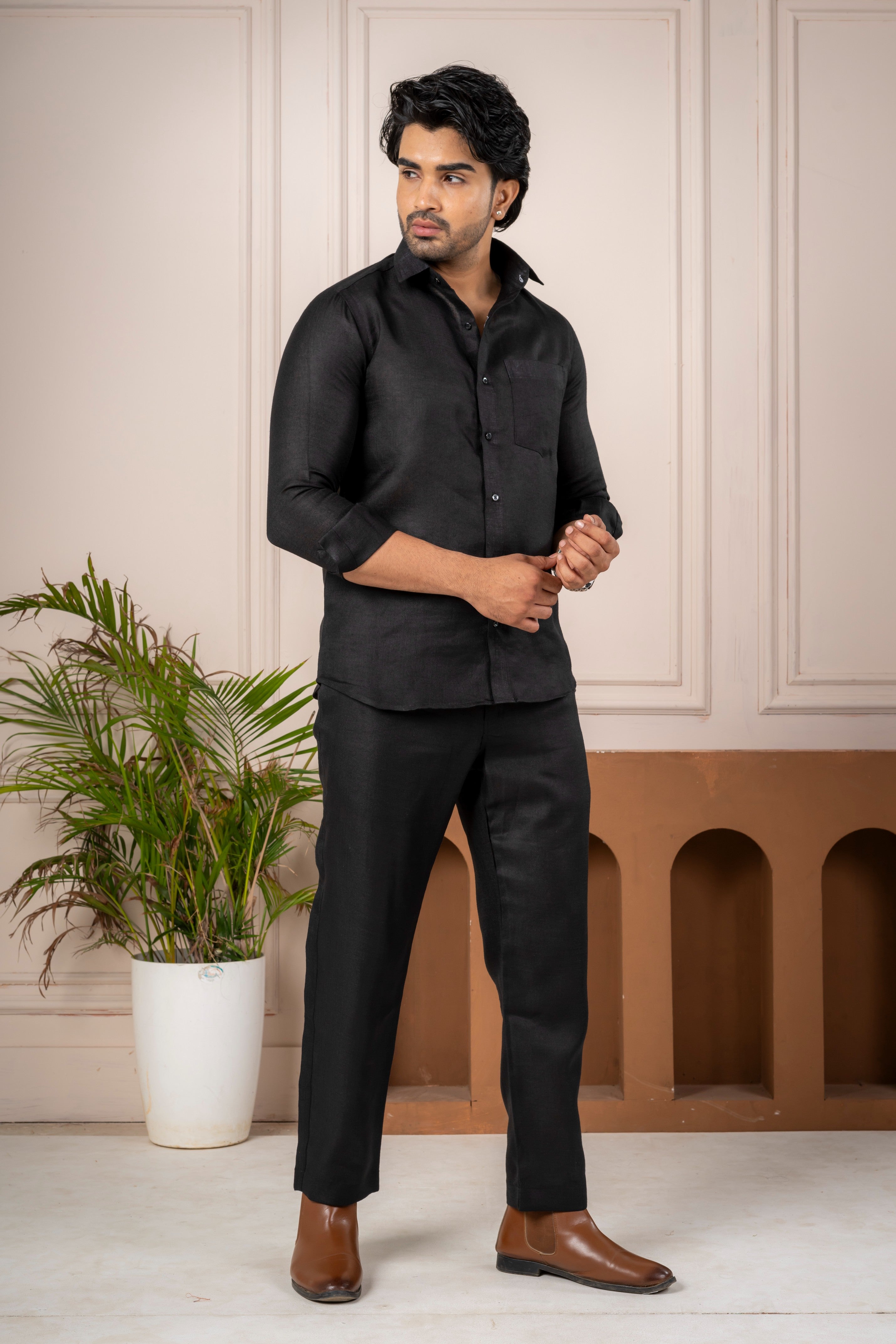 Men's Black Linen Co-Ord Set | Premium Casual Shirt & Pant Outfit
