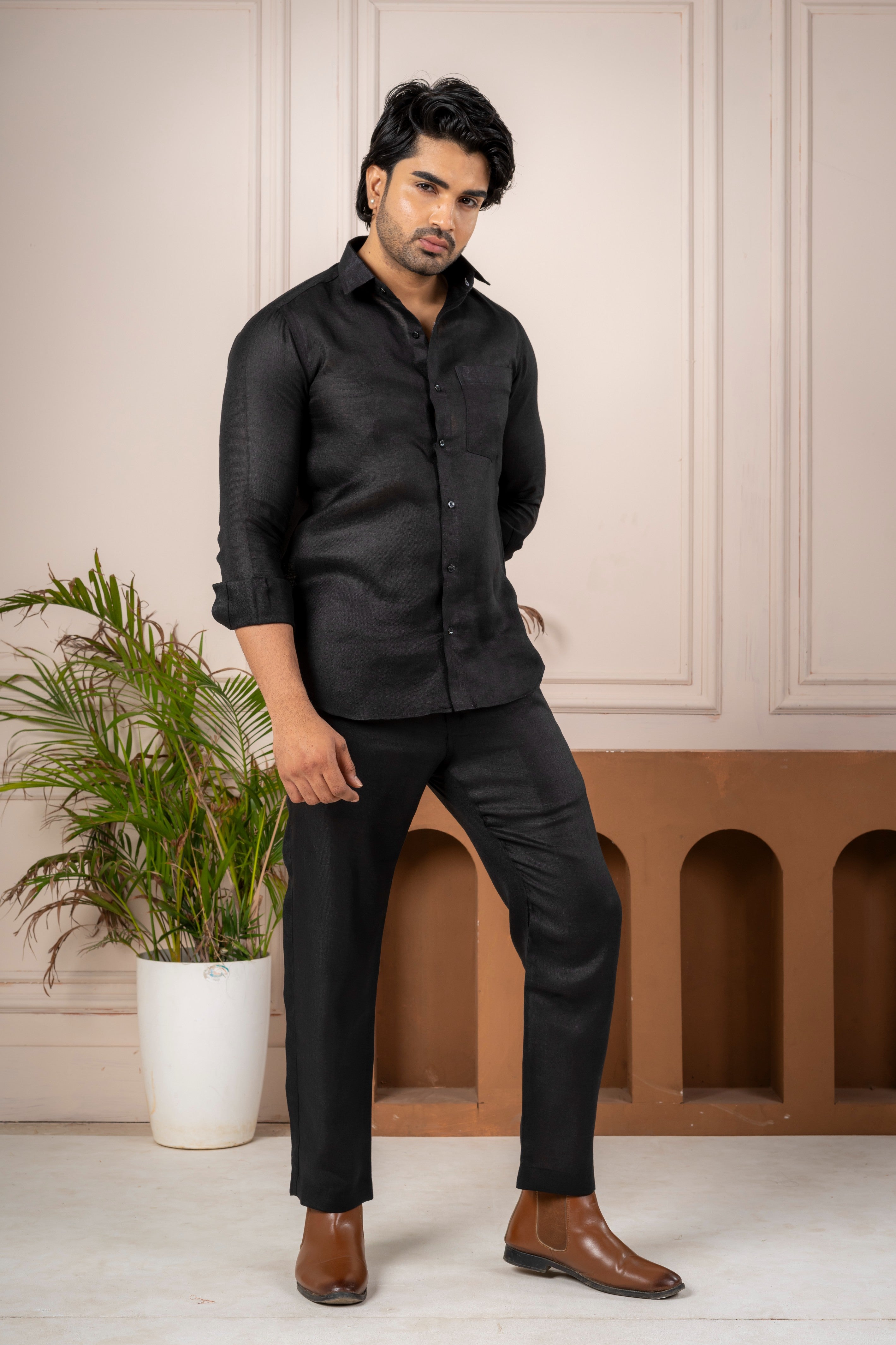 Men's Black Linen Co-Ord Set | Premium Casual Shirt & Pant Outfit
