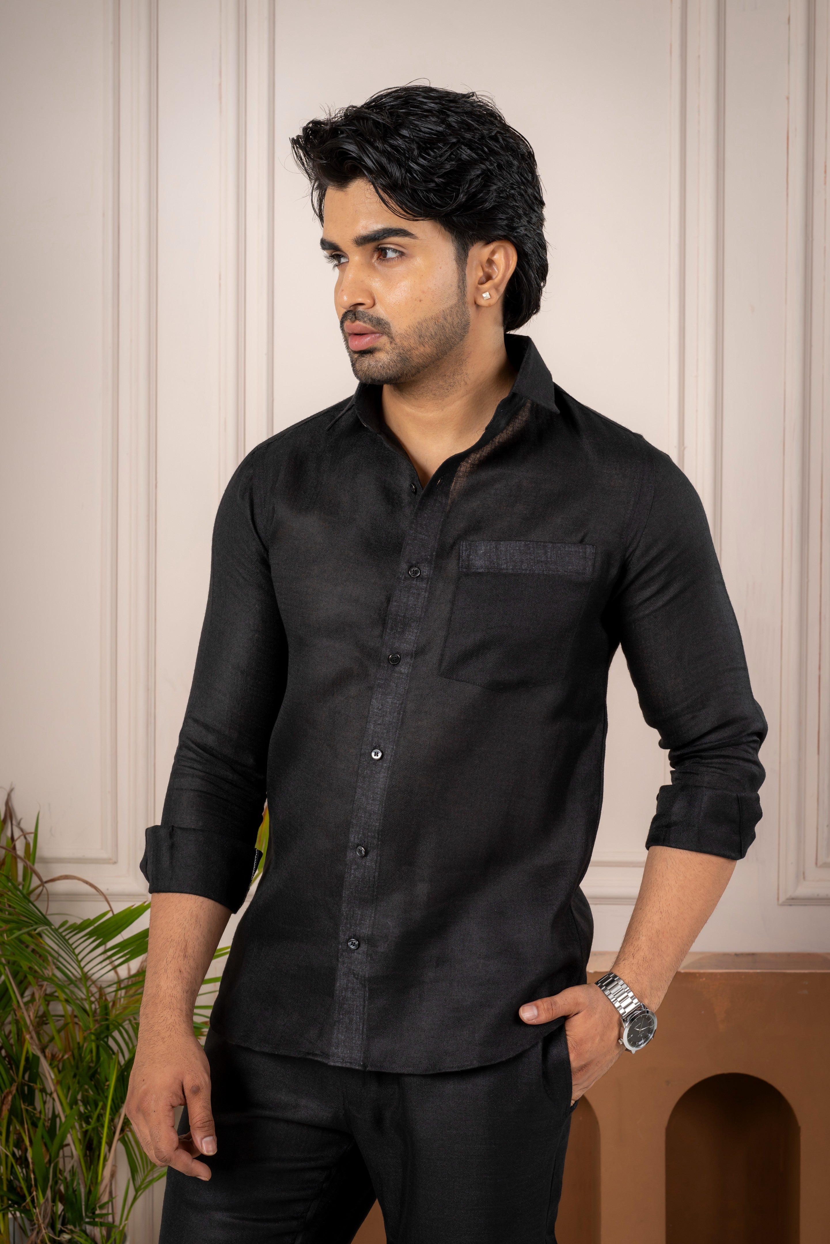Men's Black Linen Co-Ord Set | Premium Casual Shirt & Pant Outfit