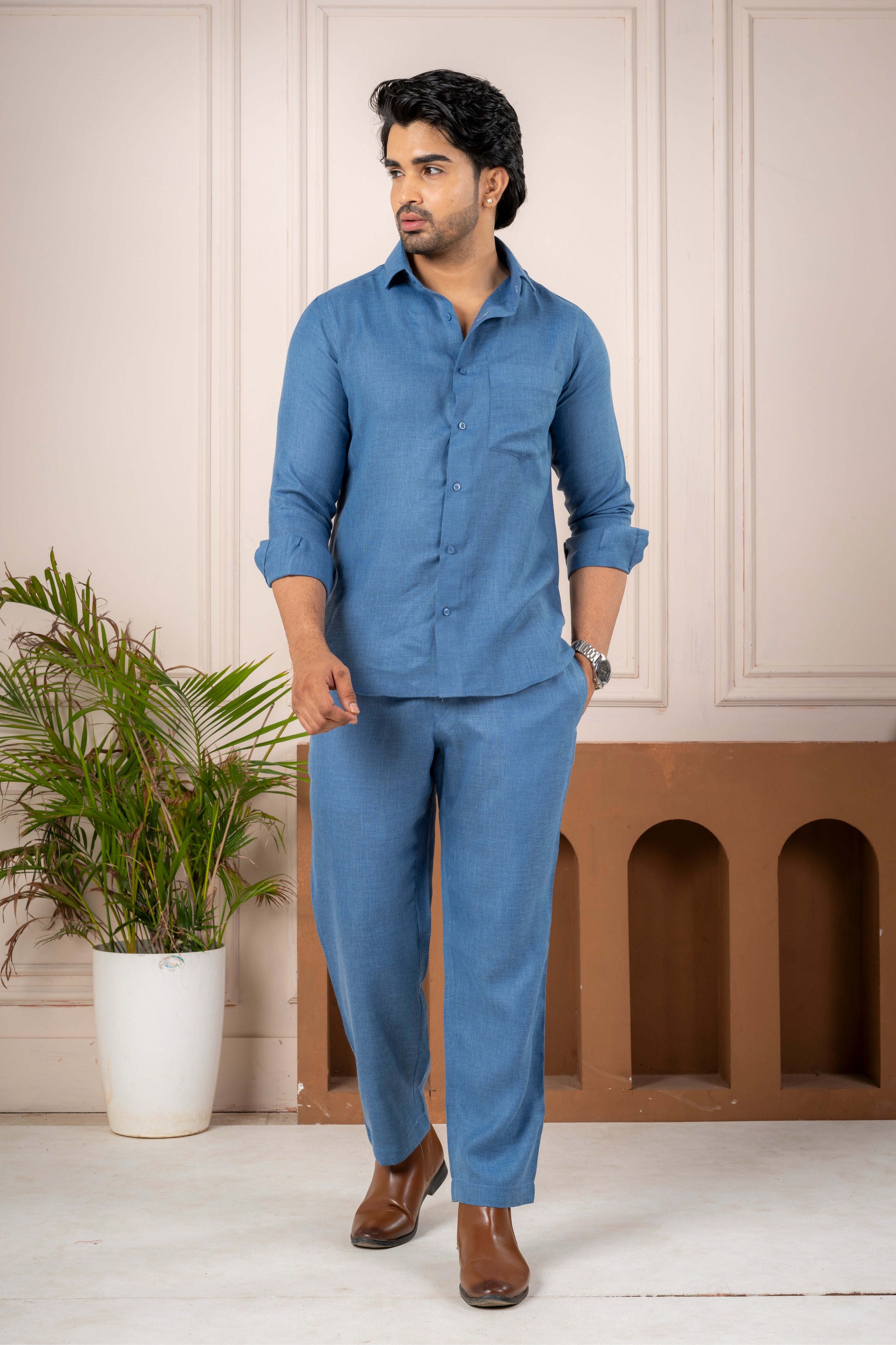 Men's Blue Linen Co-Ord Set | Premium Casual Shirt & Pant Outfit