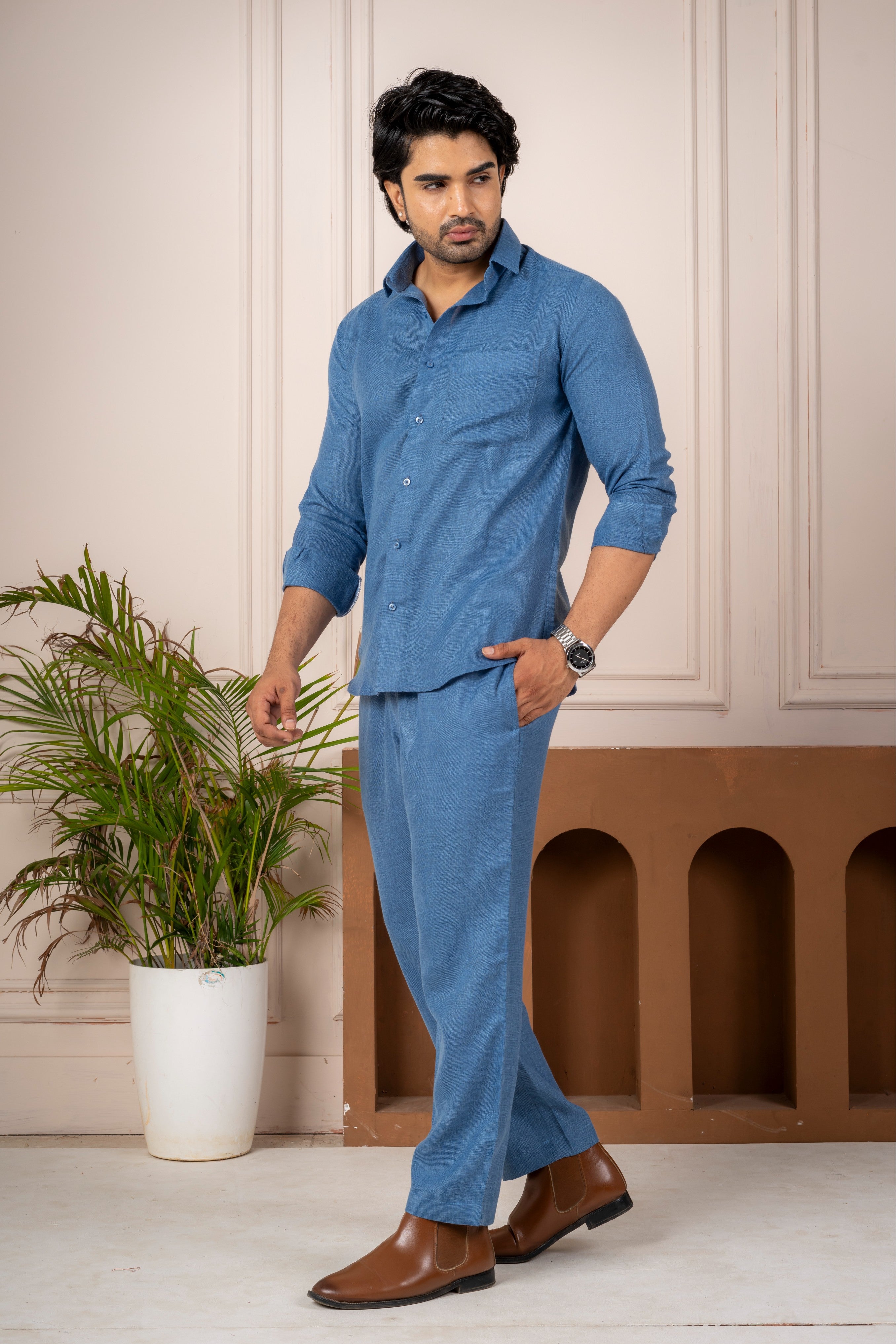Men's Blue Linen Co-Ord Set | Premium Casual Shirt & Pant Outfit