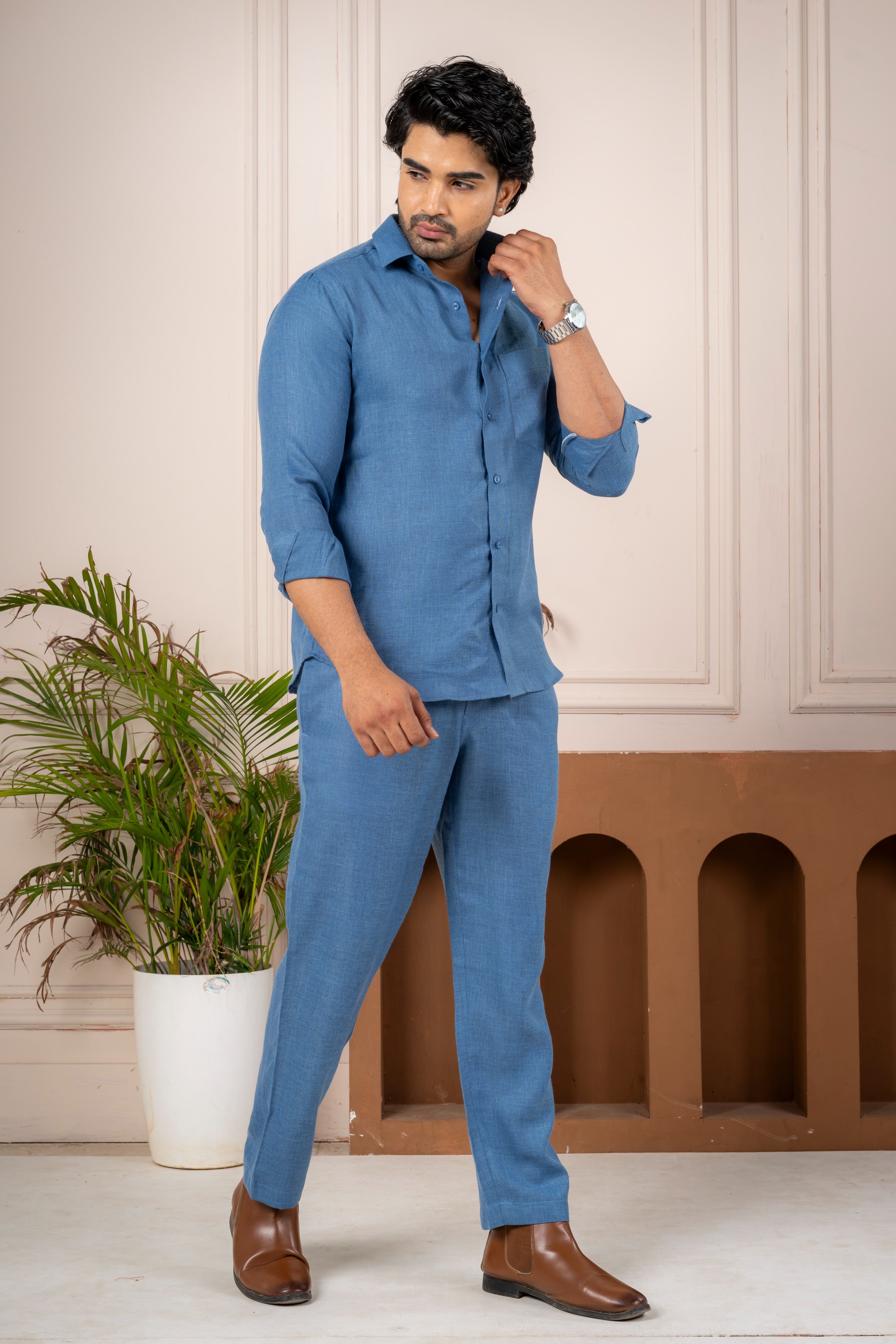 Men's Blue Linen Co-Ord Set | Premium Casual Shirt & Pant Outfit