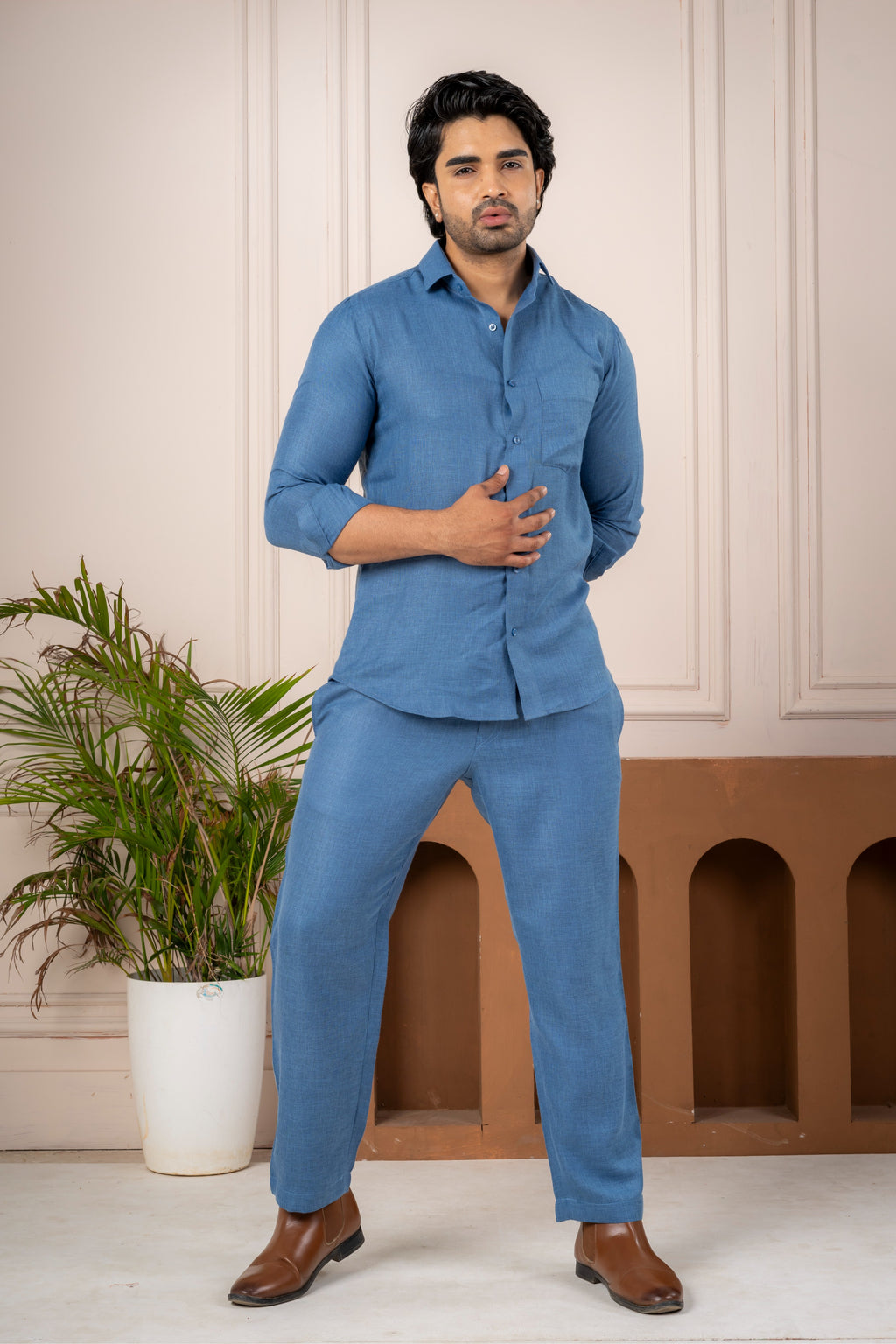 Men's Blue Linen Co-Ord Set | Premium Casual Shirt & Pant Outfit