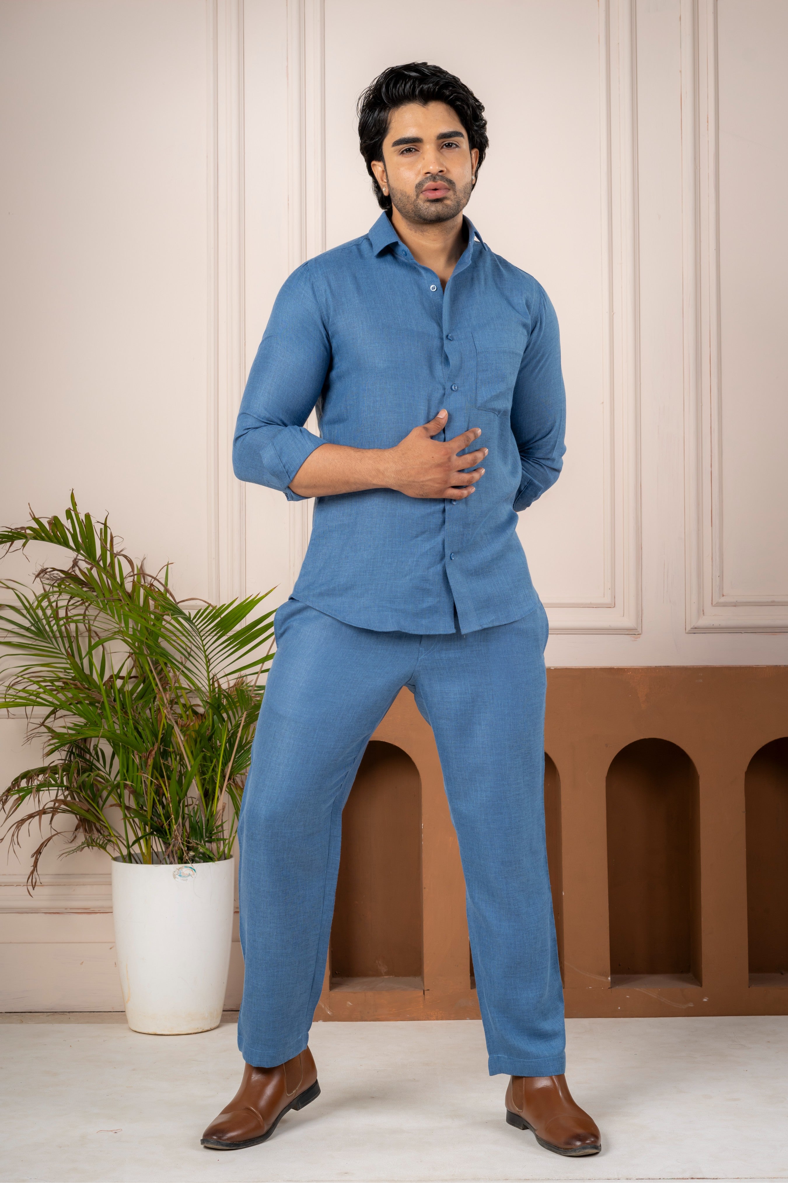 Men's Blue Linen Co-Ord Set | Premium Casual Shirt & Pant Outfit
