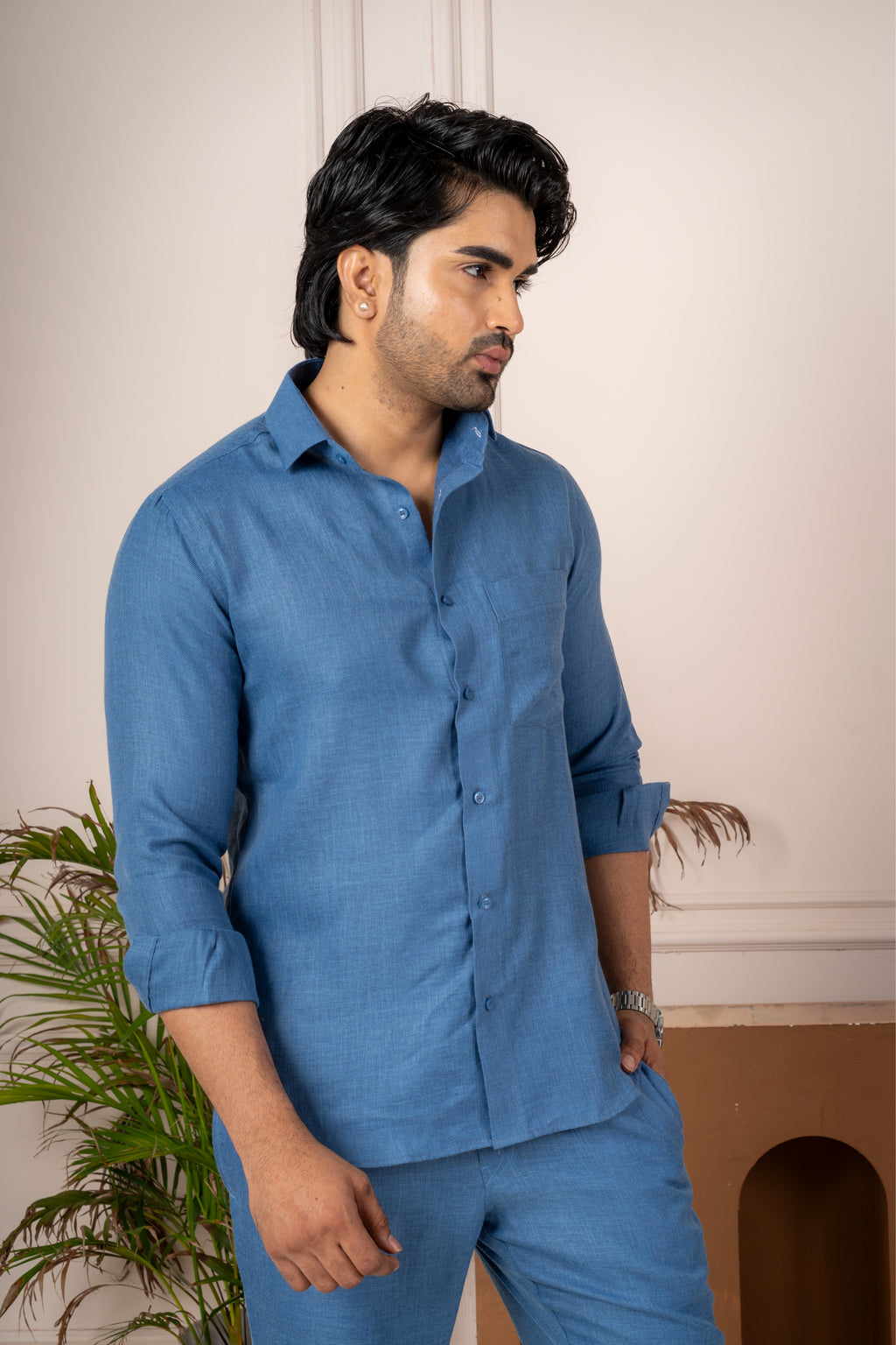 Men's Blue Linen Co-Ord Set | Premium Casual Shirt & Pant Outfit
