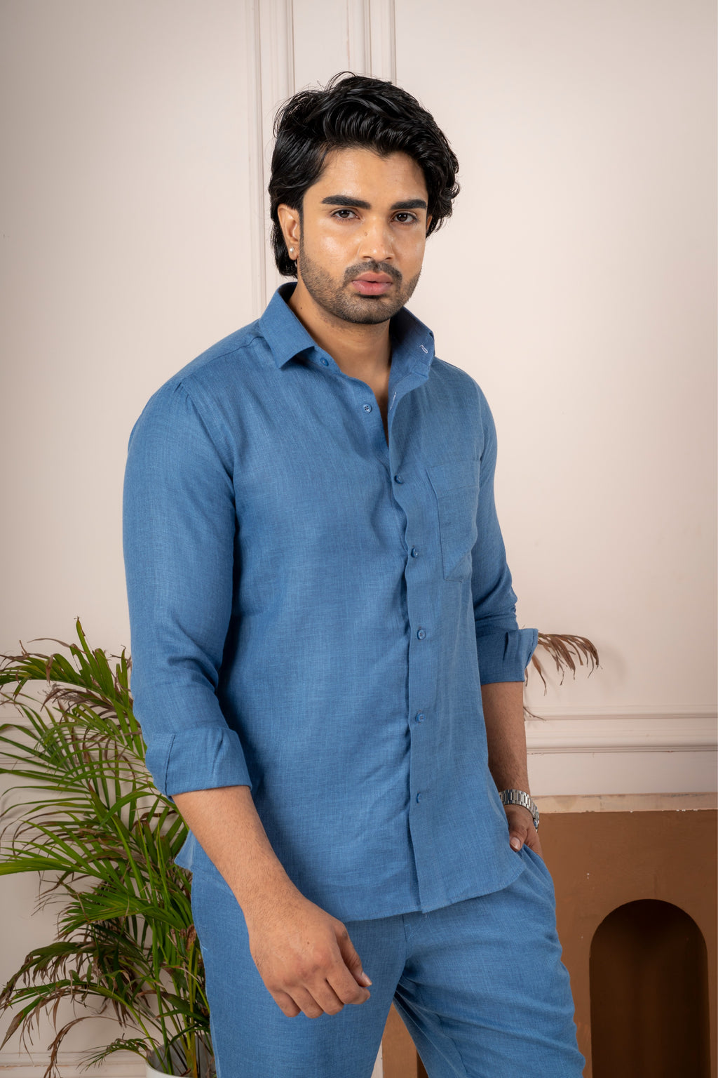 Men's Blue Linen Co-Ord Set | Premium Casual Shirt & Pant Outfit