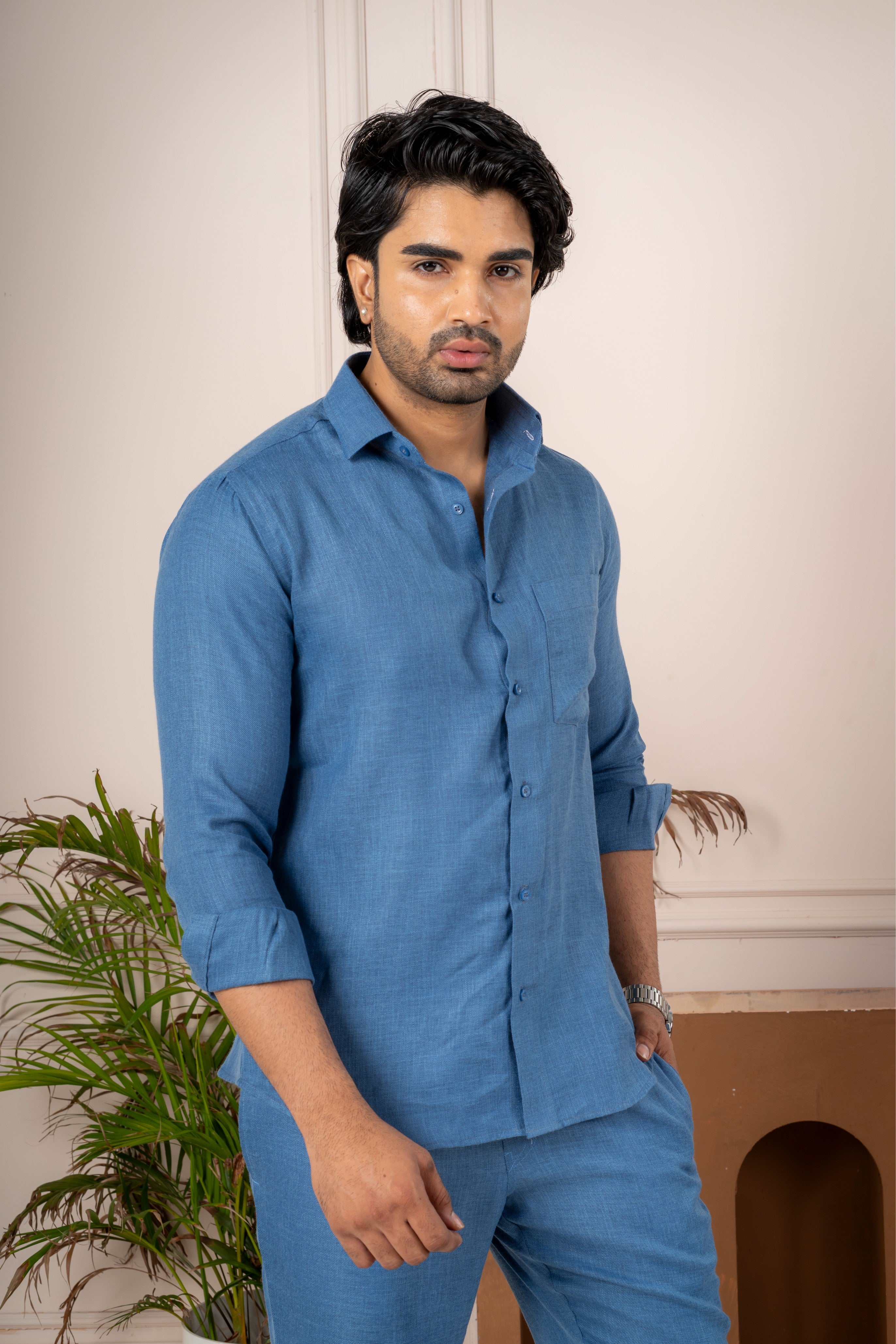Men's Blue Linen Co-Ord Set | Premium Casual Shirt & Pant Outfit