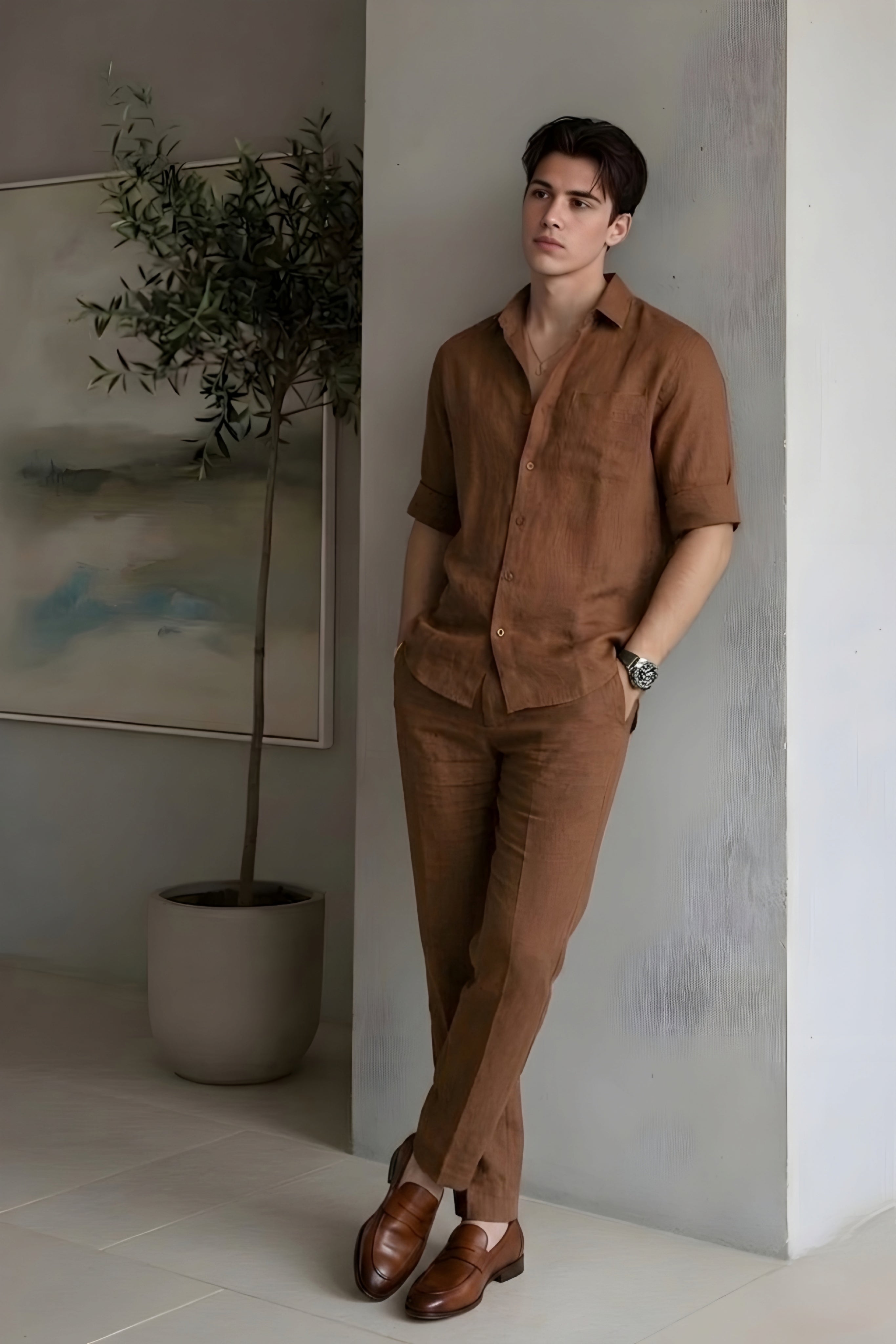 Brown Luxe Top & Bottom Set Of Linen, Luxury And Style
