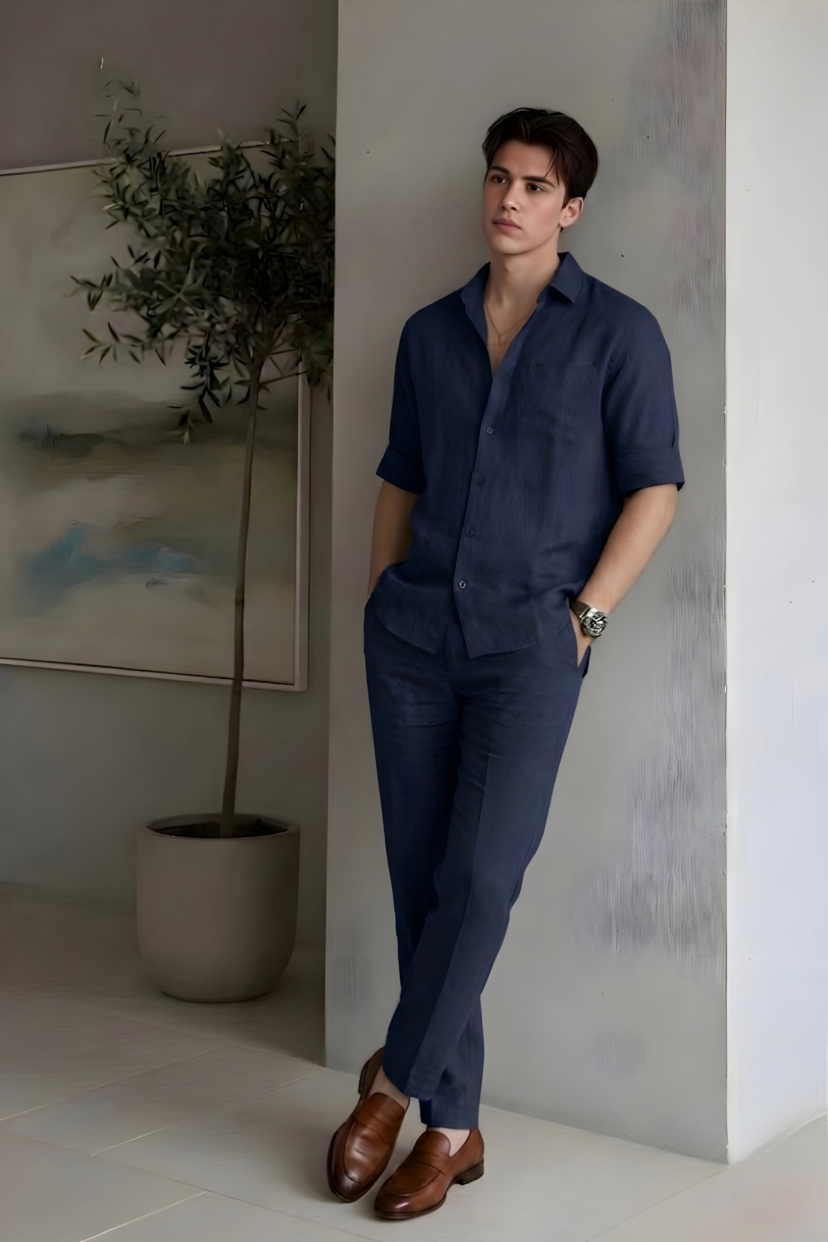 Navy Top & Bottom Set Of Linen, Luxury And Style