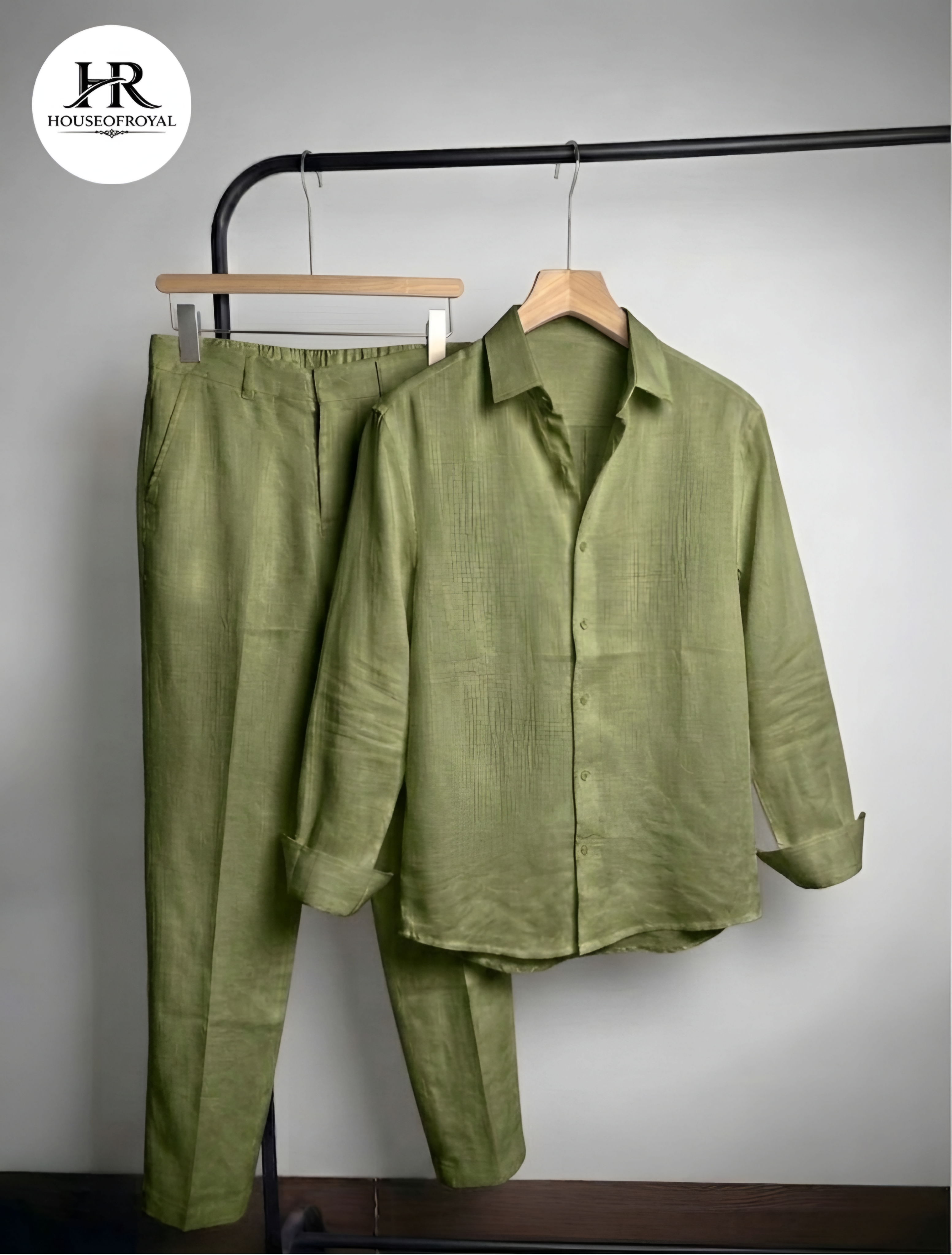 Olive green Linex Top & Bottom Set Of Linen, Luxury And Style