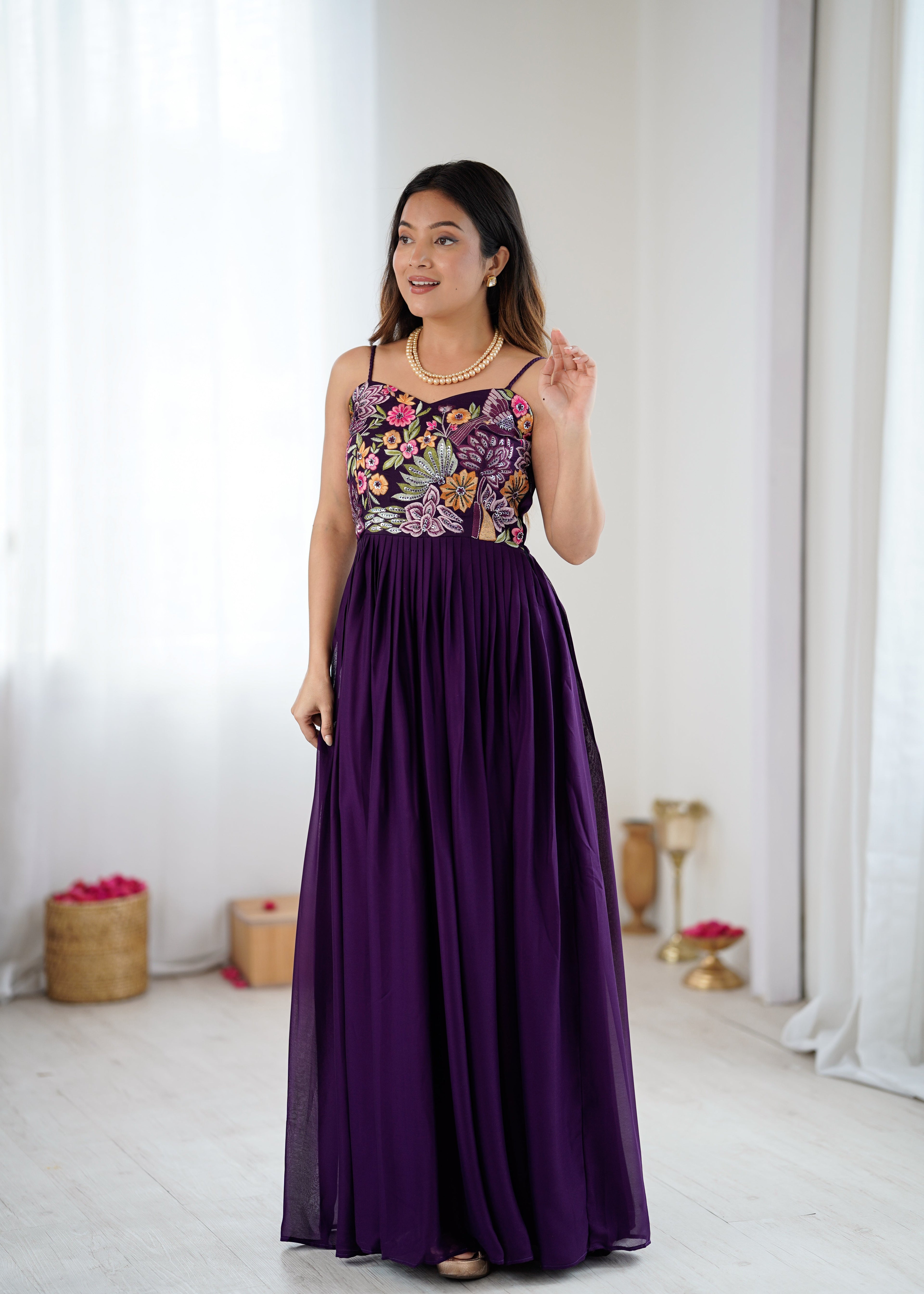 Trendy Purple Floral Embroidery Anarkali Gown for Festive Celebrations