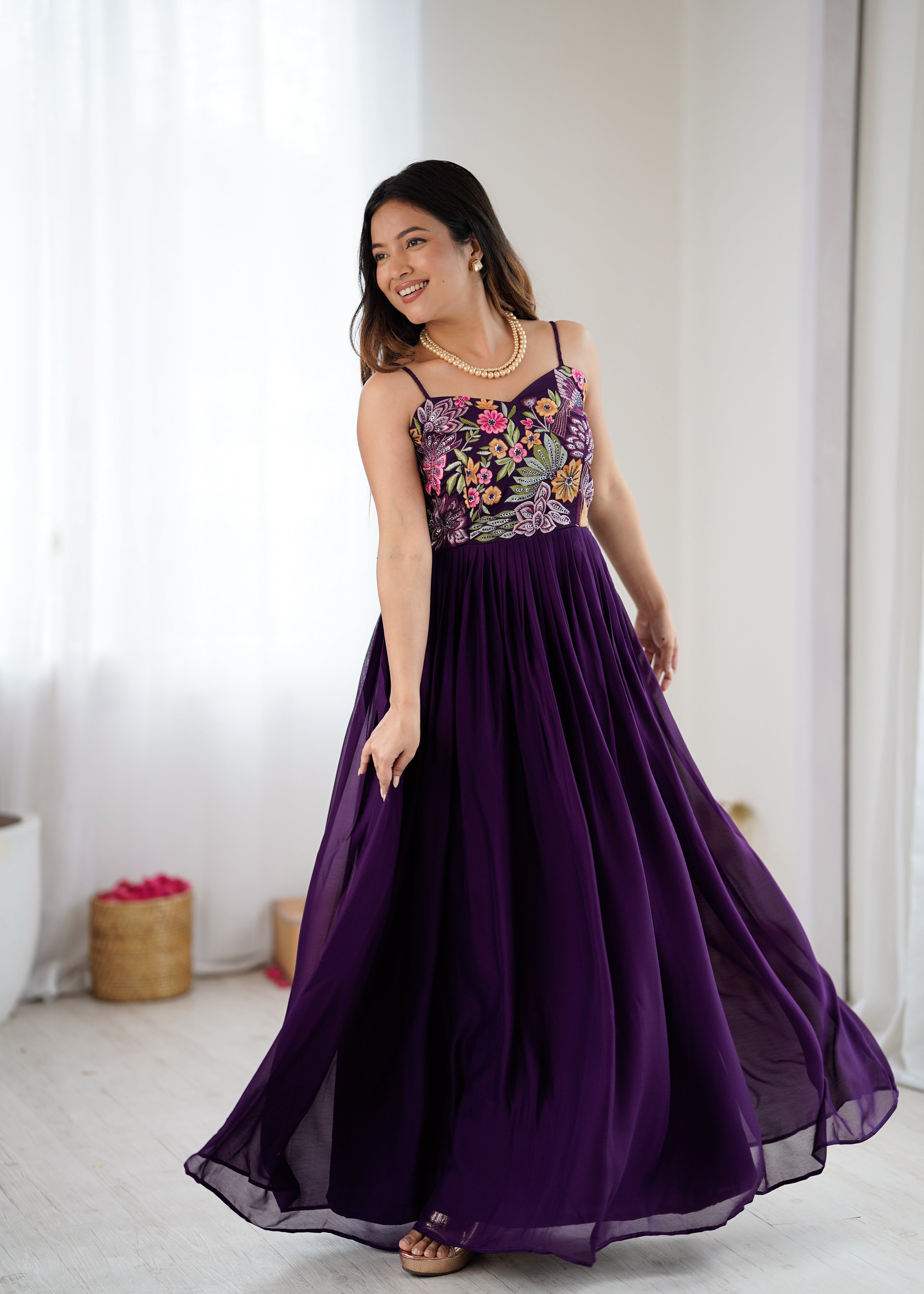 Trendy Purple Floral Embroidery Anarkali Gown for Festive Celebrations