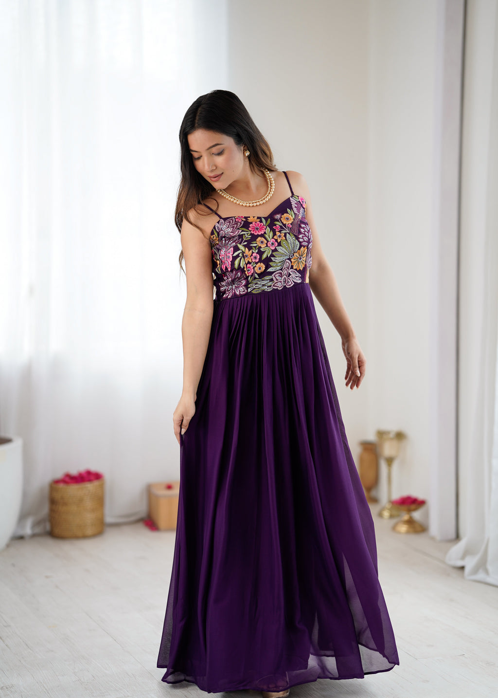 Trendy Purple Floral Embroidery Anarkali Gown for Festive Celebrations