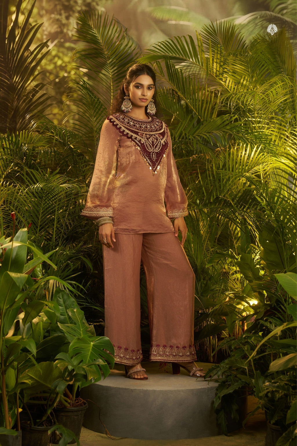 Rose Gold Fendi Co Ord Set With Velvet Patch And Sequins Detailing