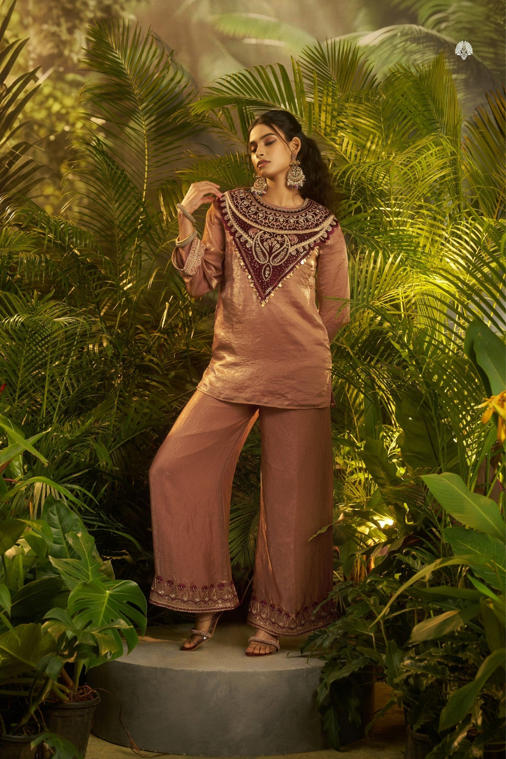 Rose Gold Fendi Co Ord Set With Velvet Patch And Sequins Detailing